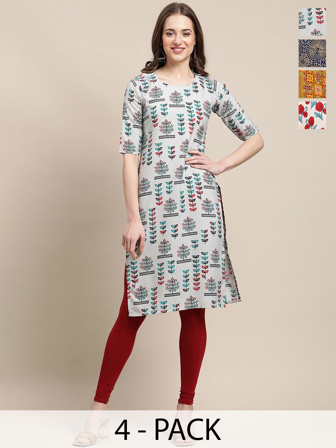 

7Threads Selection Of 4 Ethnic Motifs Printed Round Neck Crepe Straight Kurta, Grey