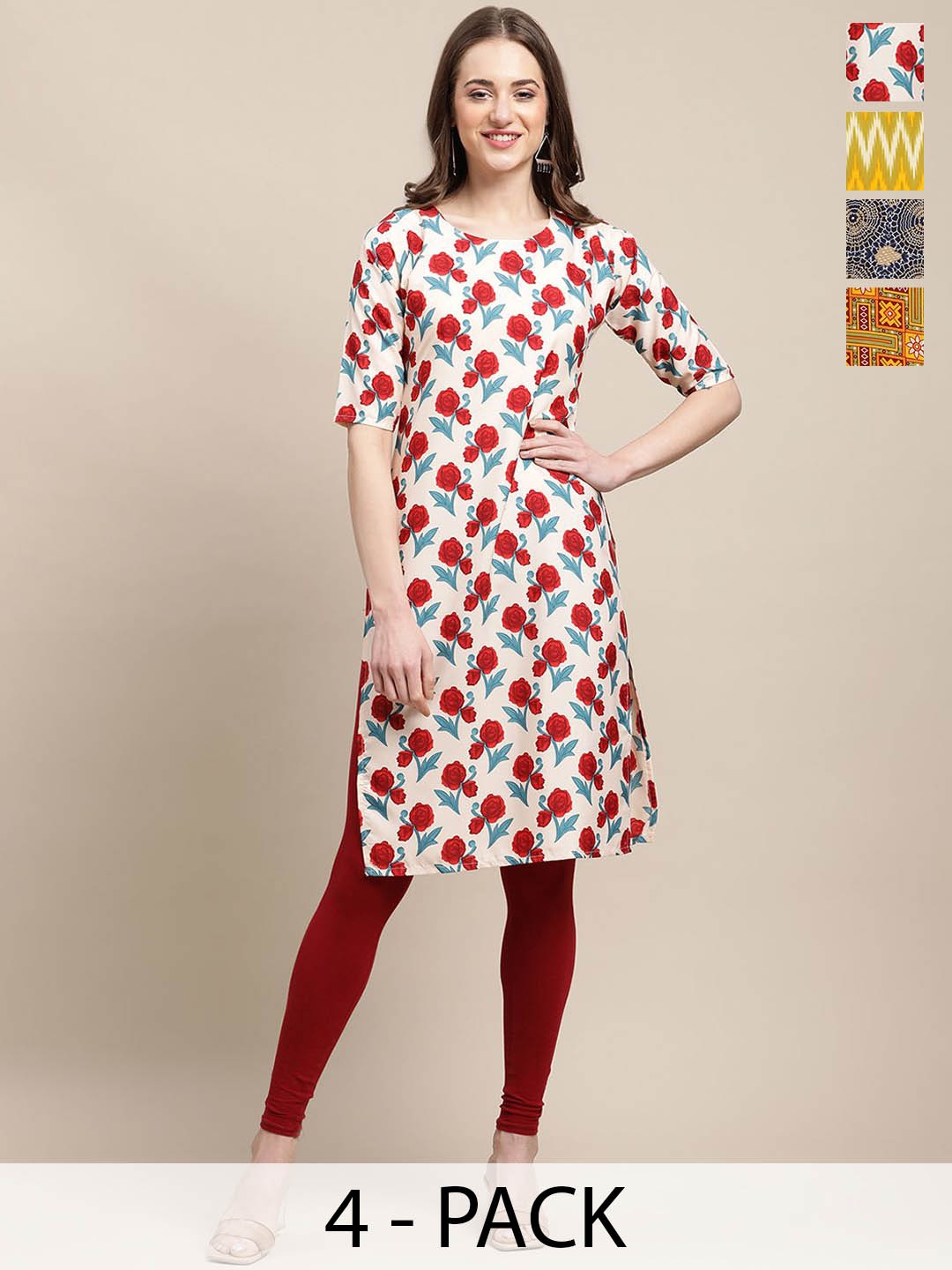 

7Threads Selection of 4 Floral Printed Crepe Straight Kurta, Red