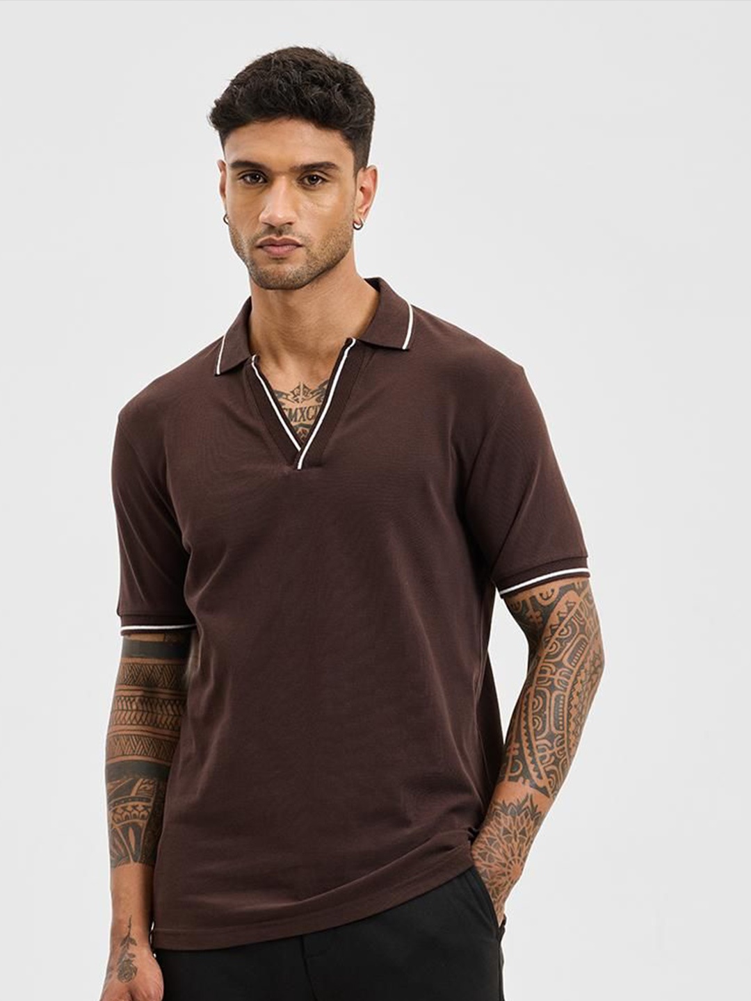 

Snitch Men Solid Polo Collar Cotton Slim Fit T-shirt, Brown