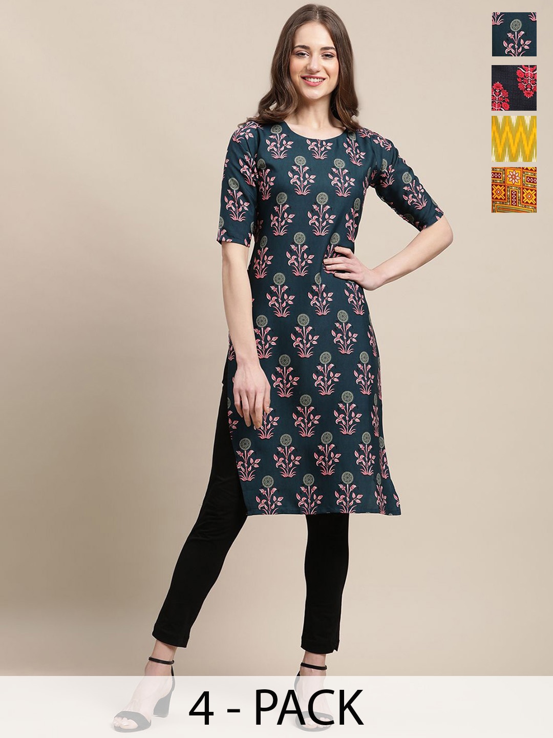 

7Threads Selection Of 4 Floral Printed Round Neck Straight Kurtas, Teal