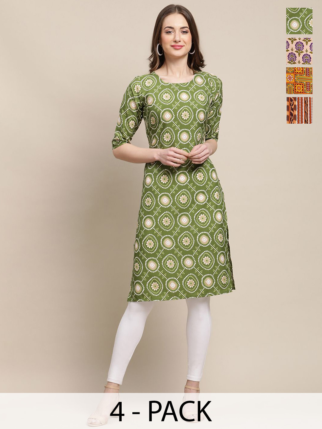 

7Threads Selection Of 4 Ethnic Motifs Printed Crepe Straight Kurtas, Green