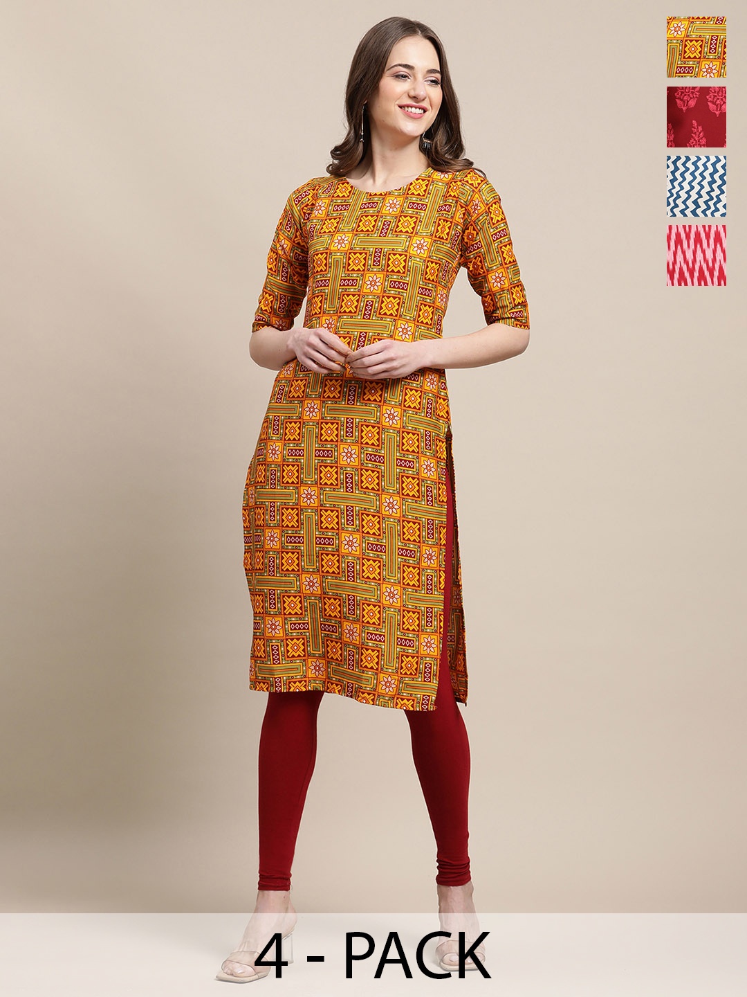 

7Threads Selection Of 4 Chevron Printed Round Neck Straight Kurta, Yellow