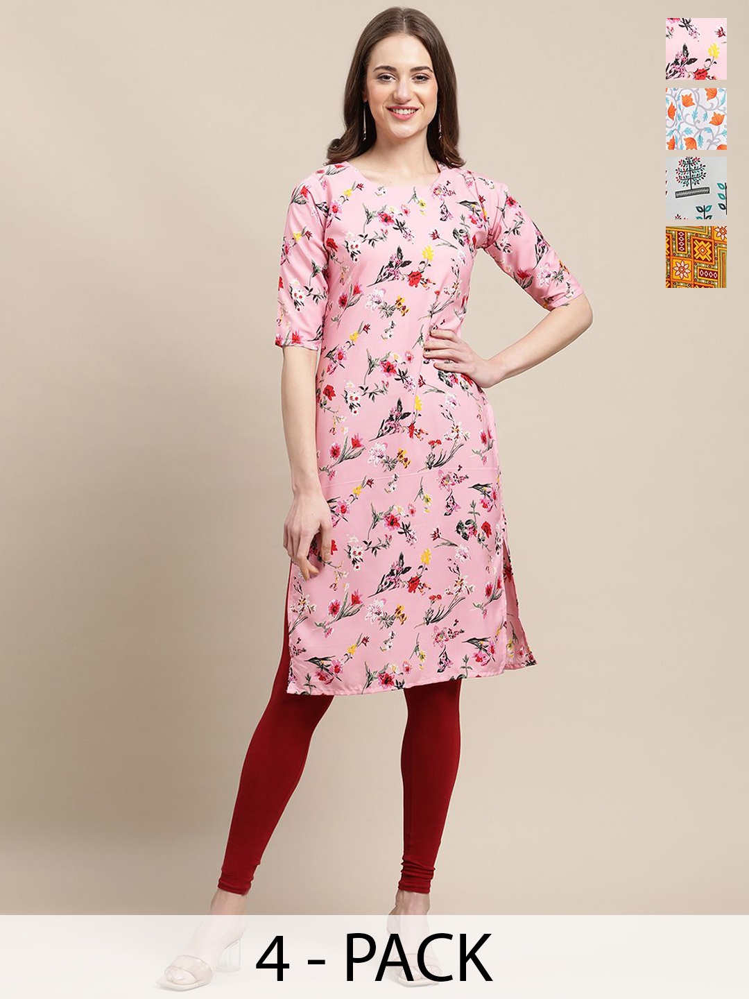 

7Threads Selection Of 4 Ethnic Motifs Printed Straight Kurtas, Pink