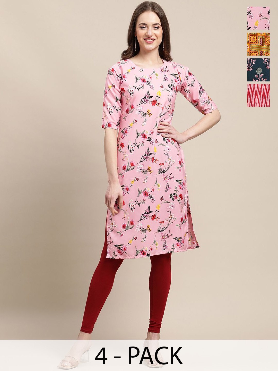 

7Threads Selection Of 4 Floral Printed Straight Kurtas, Pink