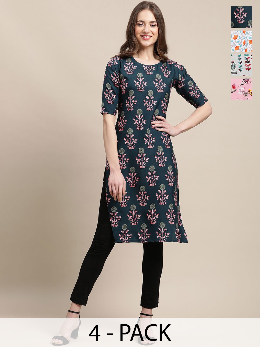 

7Threads Selection Of 4 Floral Printed Straight Kurta, Green