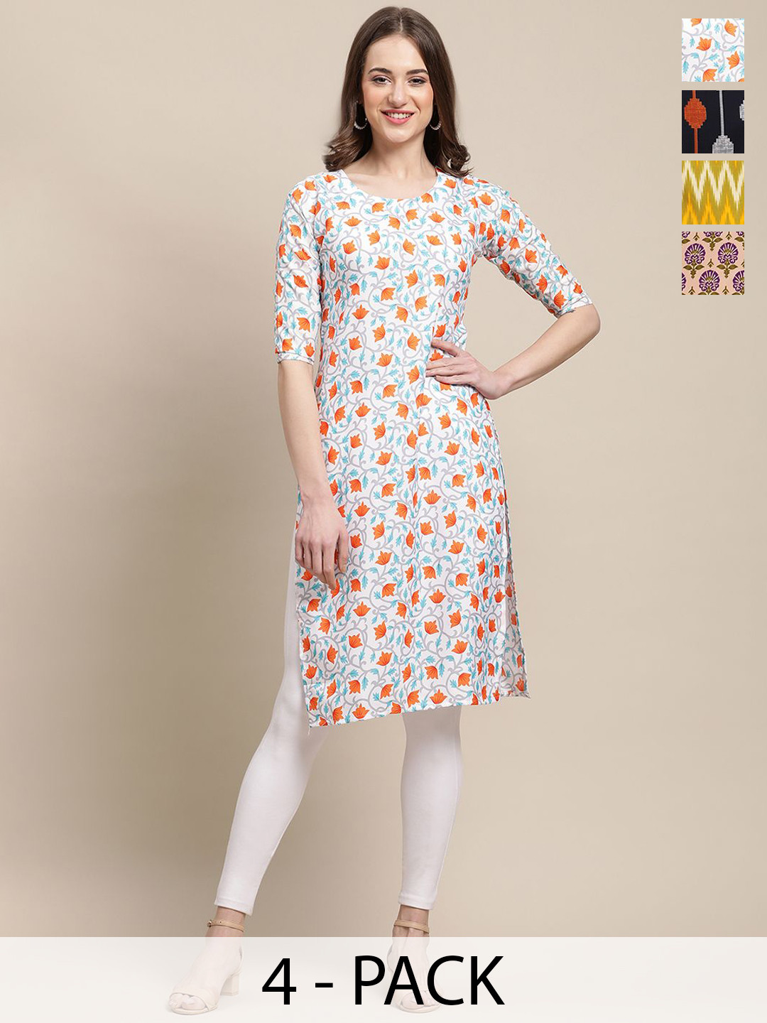 

7Threads Selection Of 4 Floral Printed Straight Kurta, White