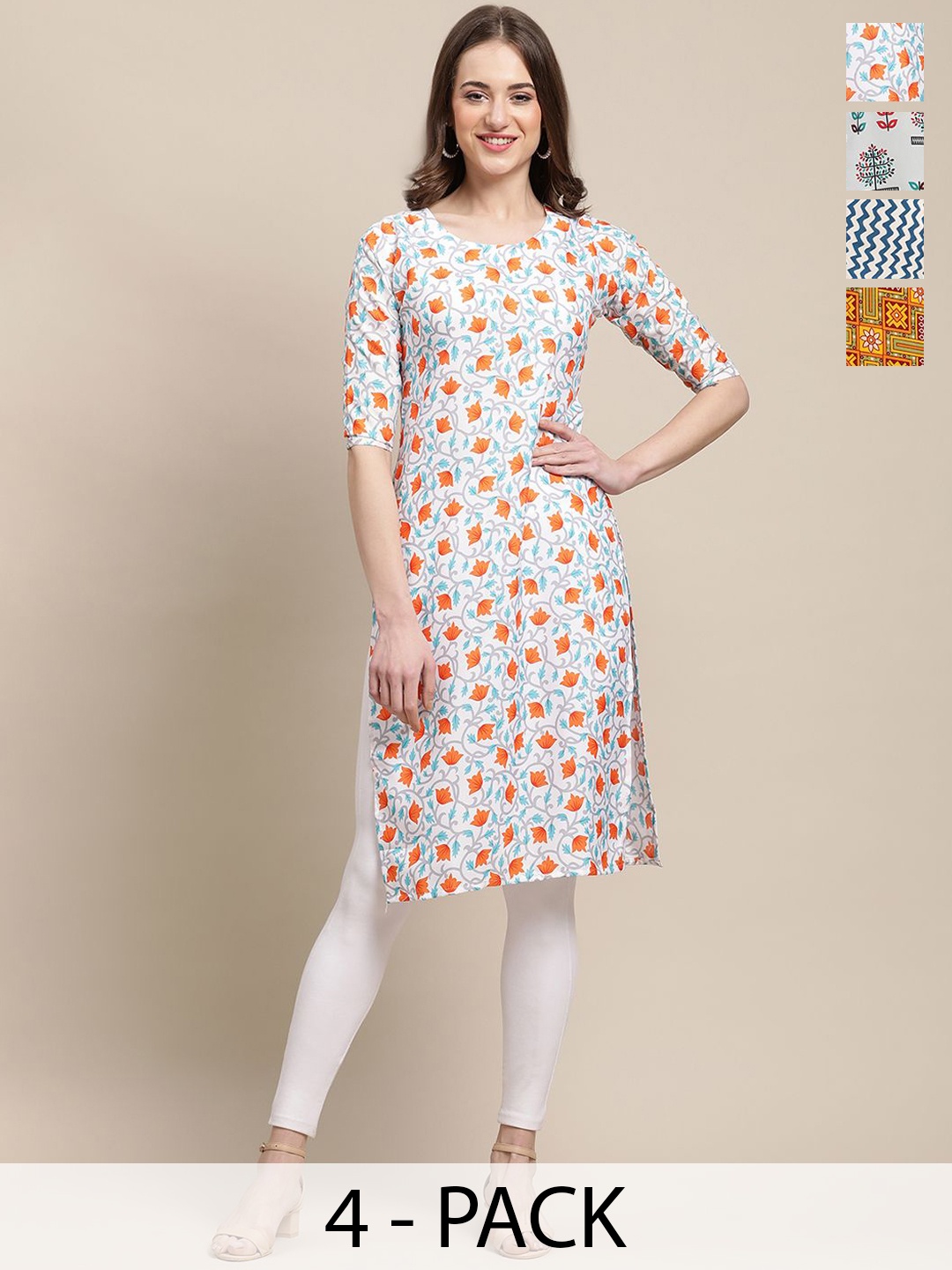 

7Threads Selection Of 4 Floral Printed Round Neck Straight Kurtas, White