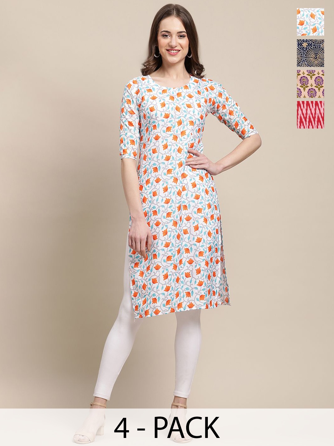 

7Threads Selection of 4 Floral Printed Round Neck Straight Kurtas, White