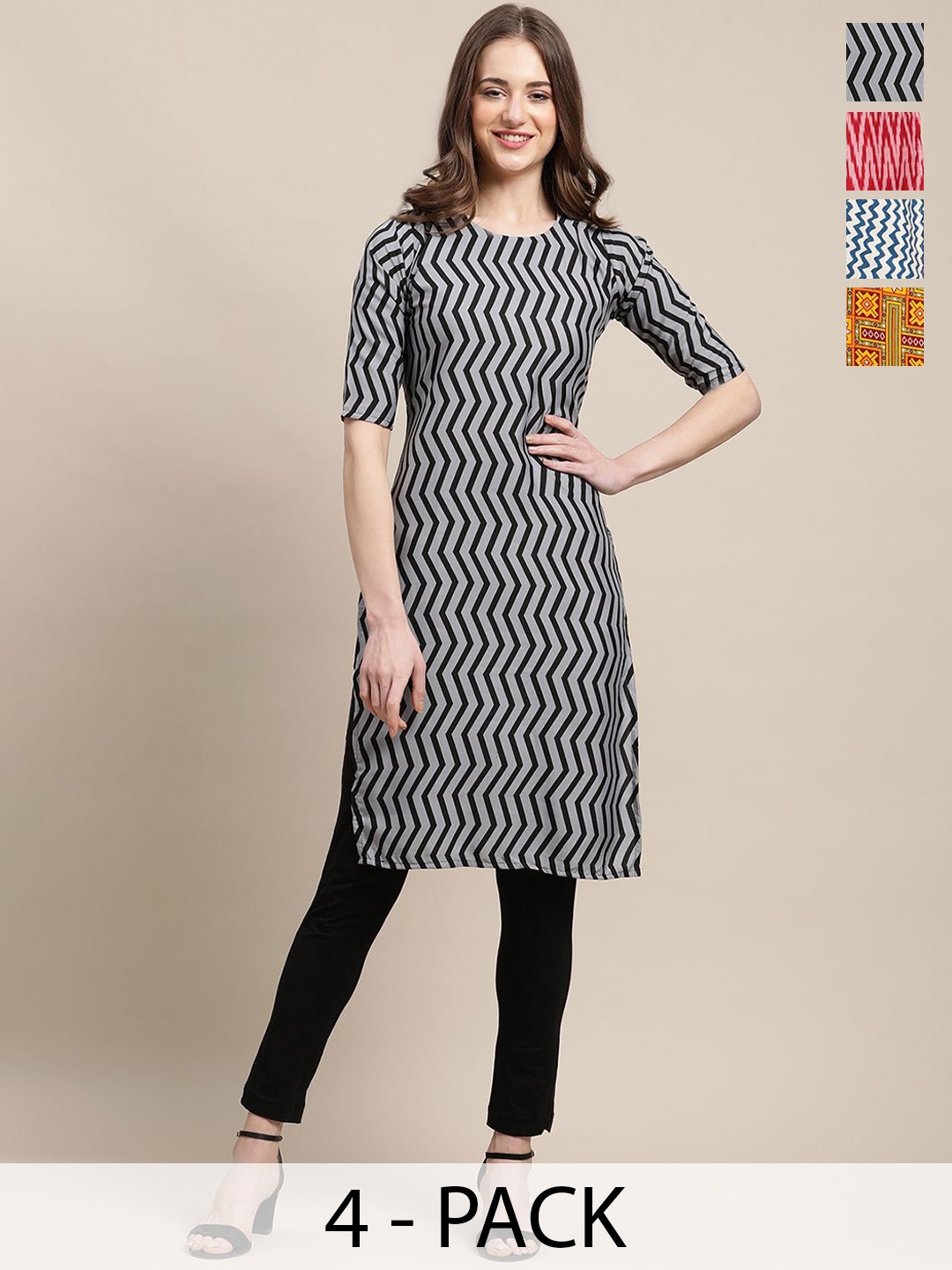 

7Threads Selection of 4 Geometric & Ethnic Motifs Printed Round Neck Straight Kurtas, Grey
