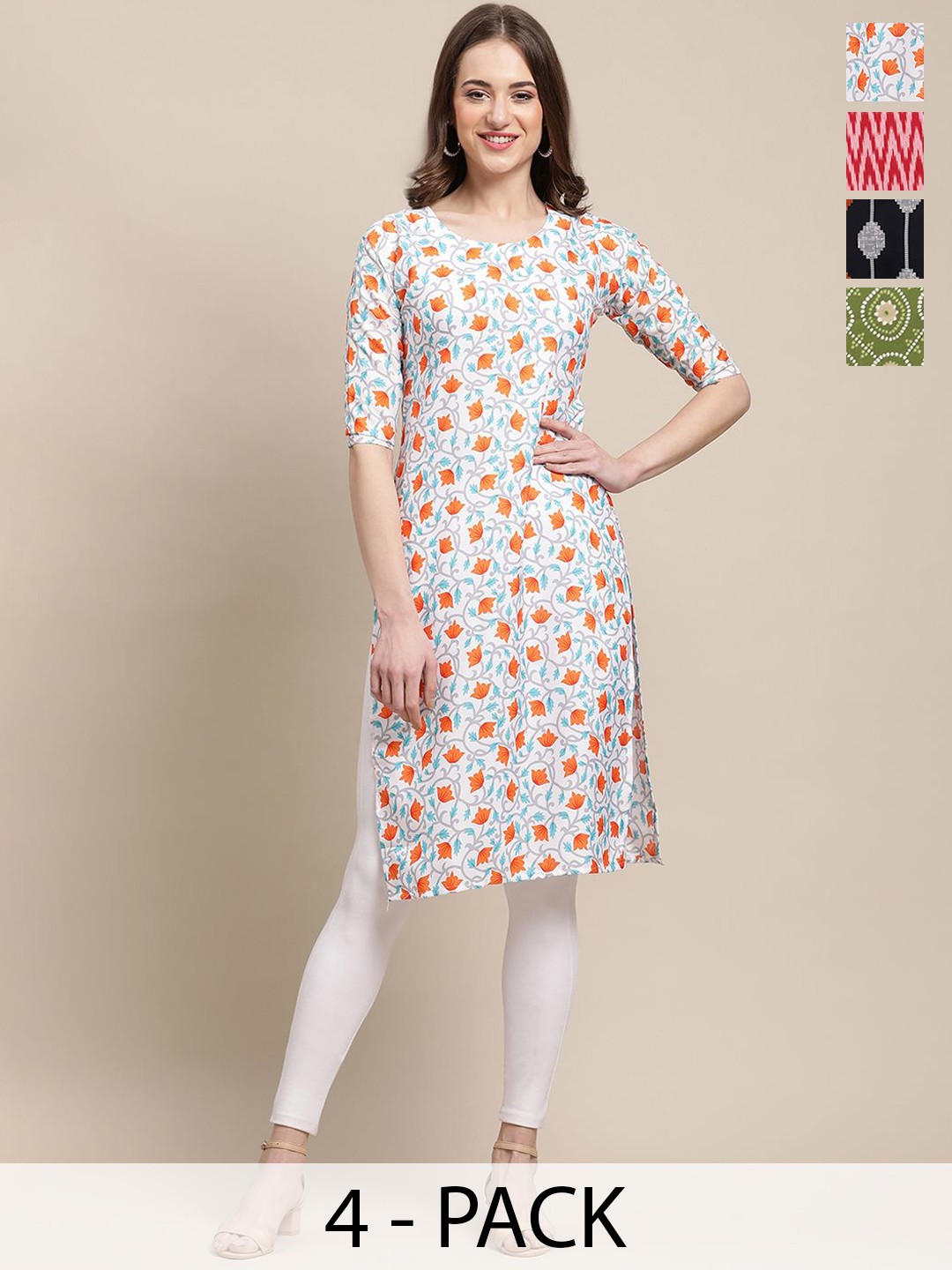 

7Threads Selection Of 4 Floral Printed Round Neck Straight Kurta, White