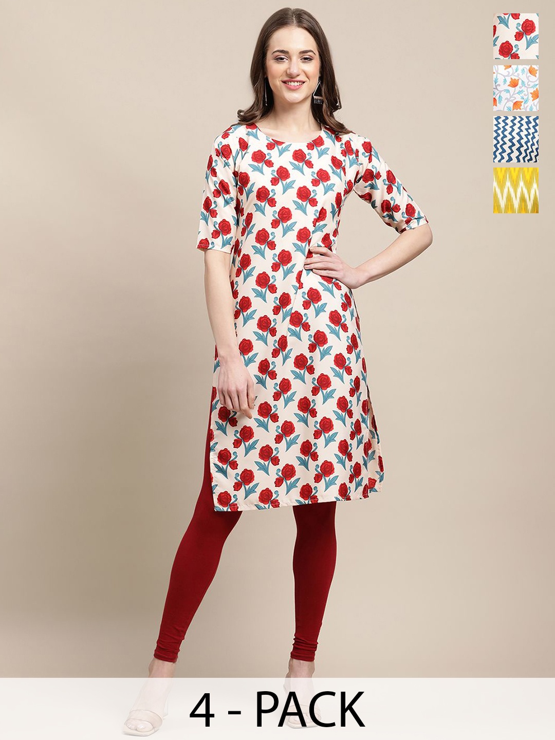 

7Threads Selection Of 4 Floral Printed Round Neck Straight Crepe Kurtas, White