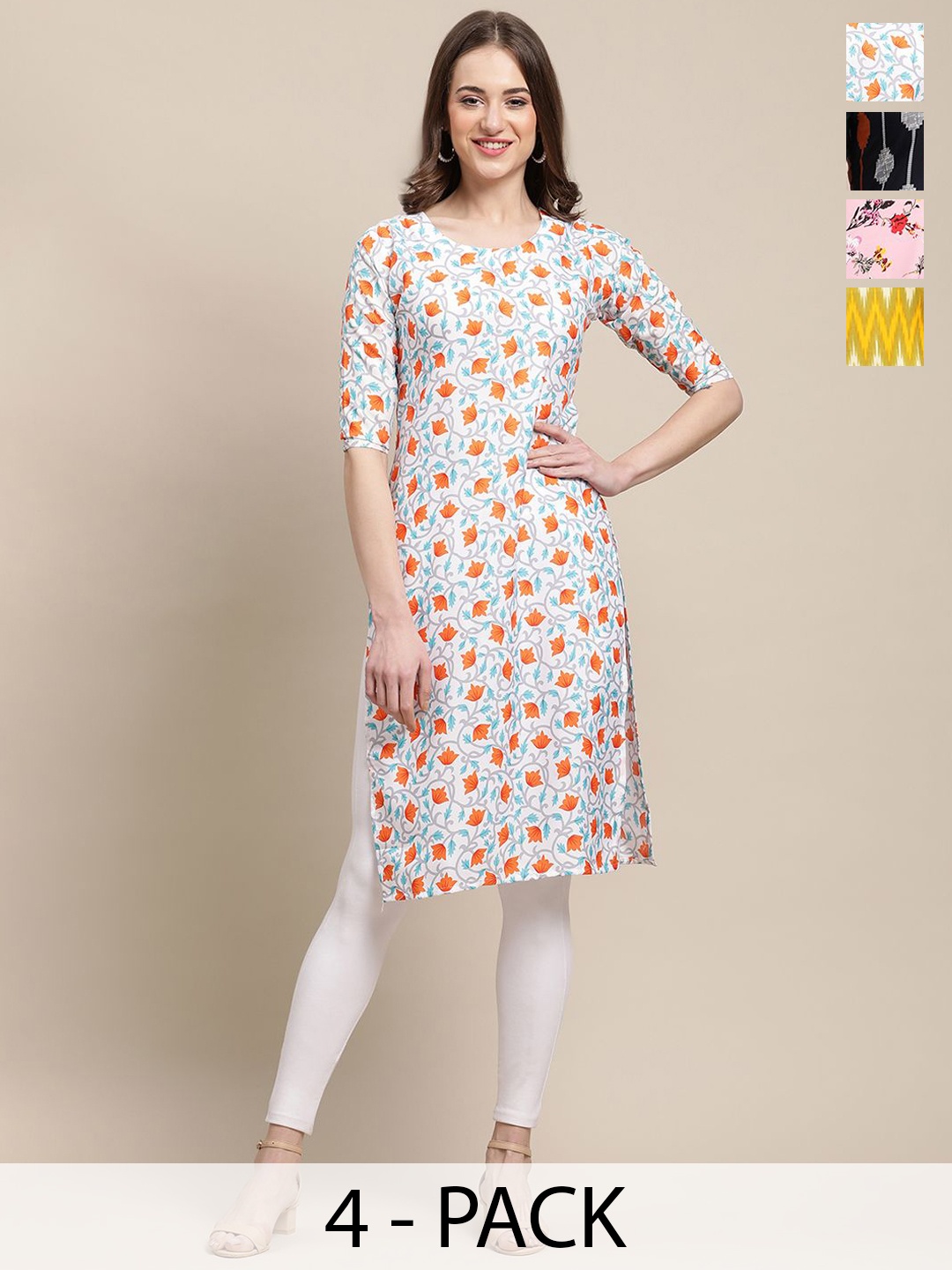 

7Threads Selection Of 4 Floral Printed Straight Kurta, Yellow