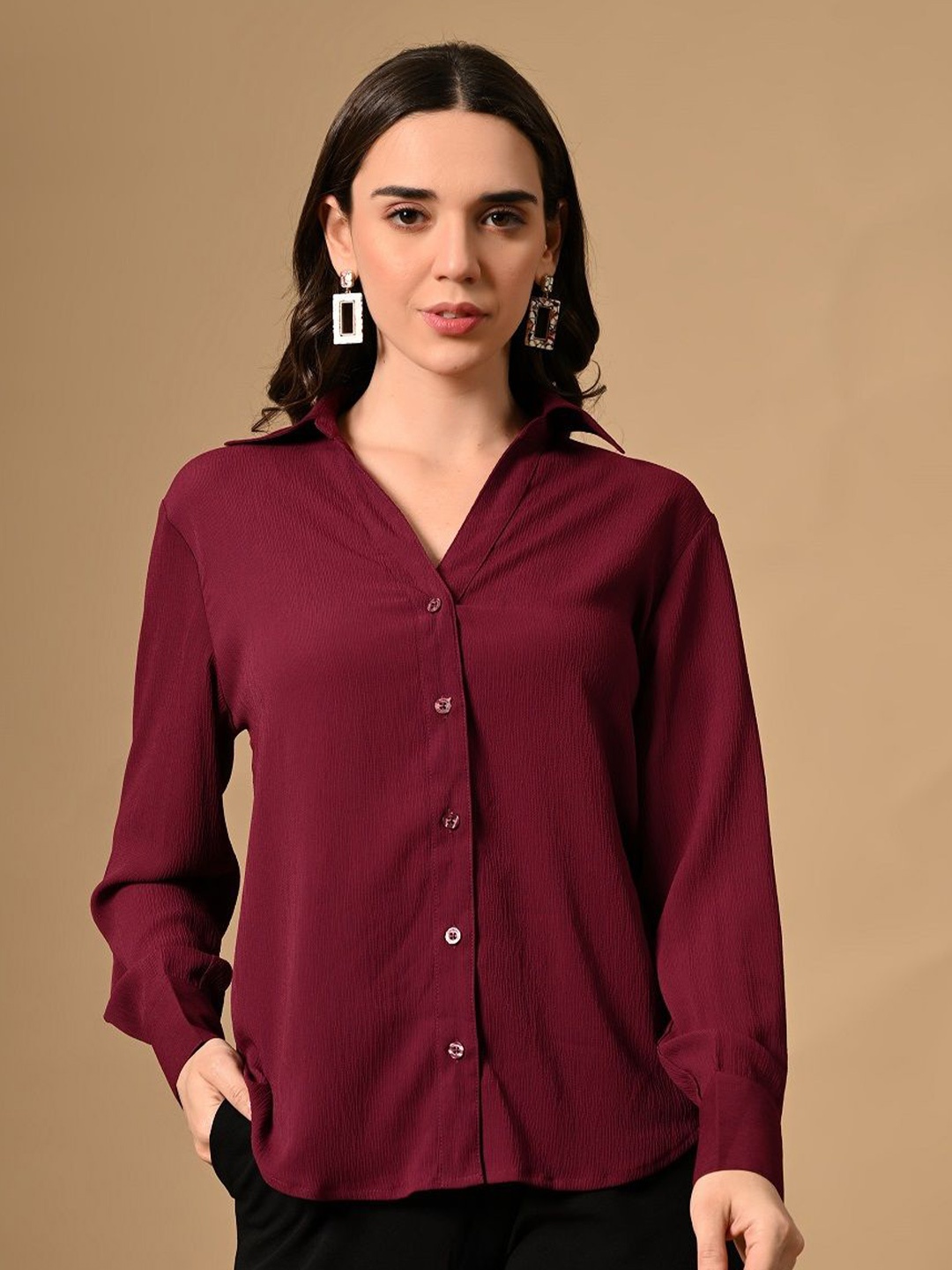 

PANDORNA Women Spread Collar Textured Casual Shirt, Maroon