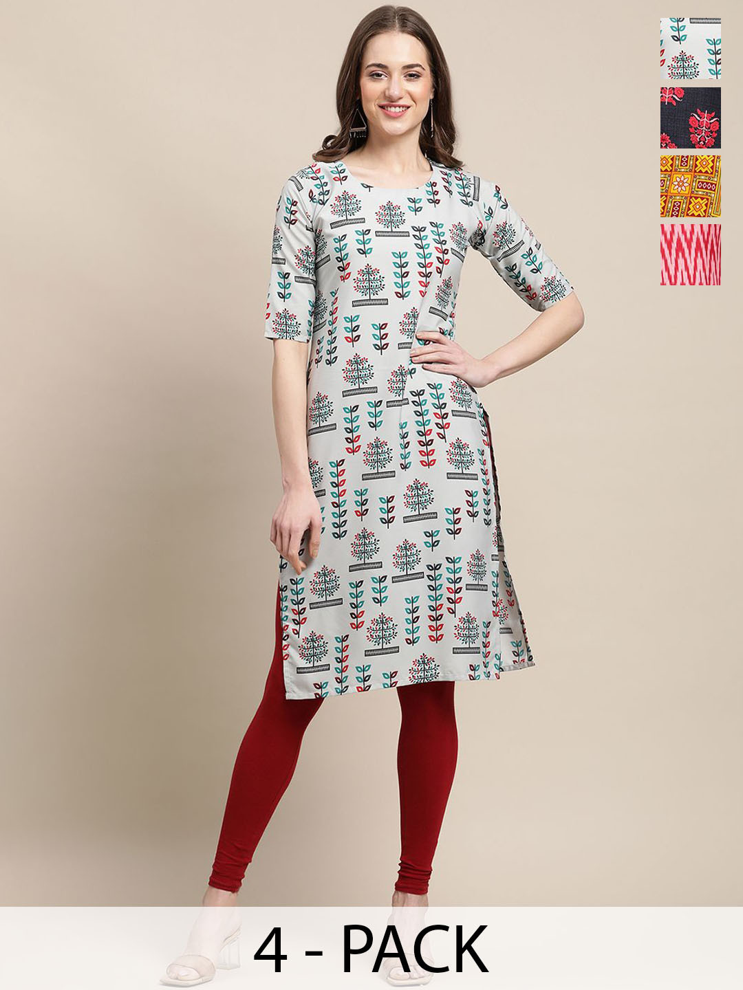 

7Threads Selection Of 4 Ethnic Motifs Printed Round Neck Straight Crepe Kurtas, Green