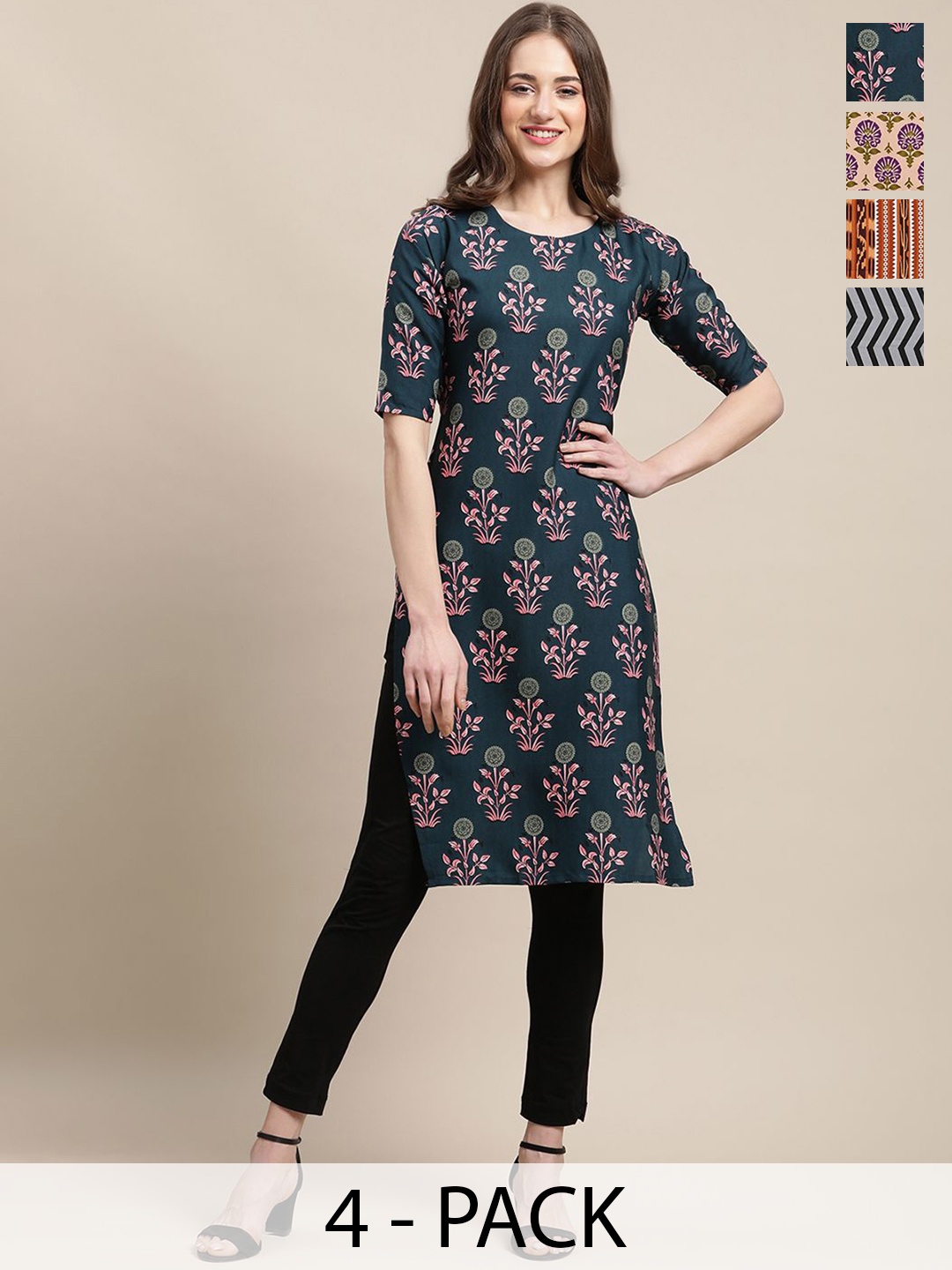 

7Threads Pack Of 4 Ethnic Motifs Printed Round Neck Straight Crepe Kurta, Green