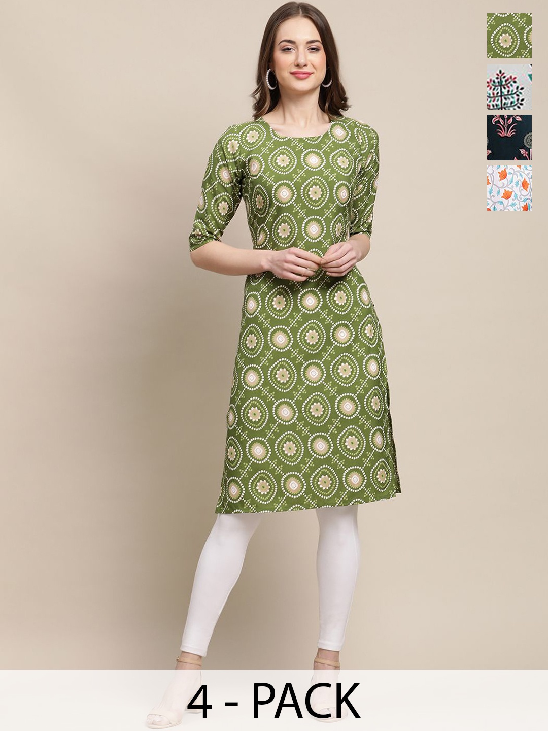 

7Threads Selection Of 4 Geometric Printed Round Neck Kurtas, Green