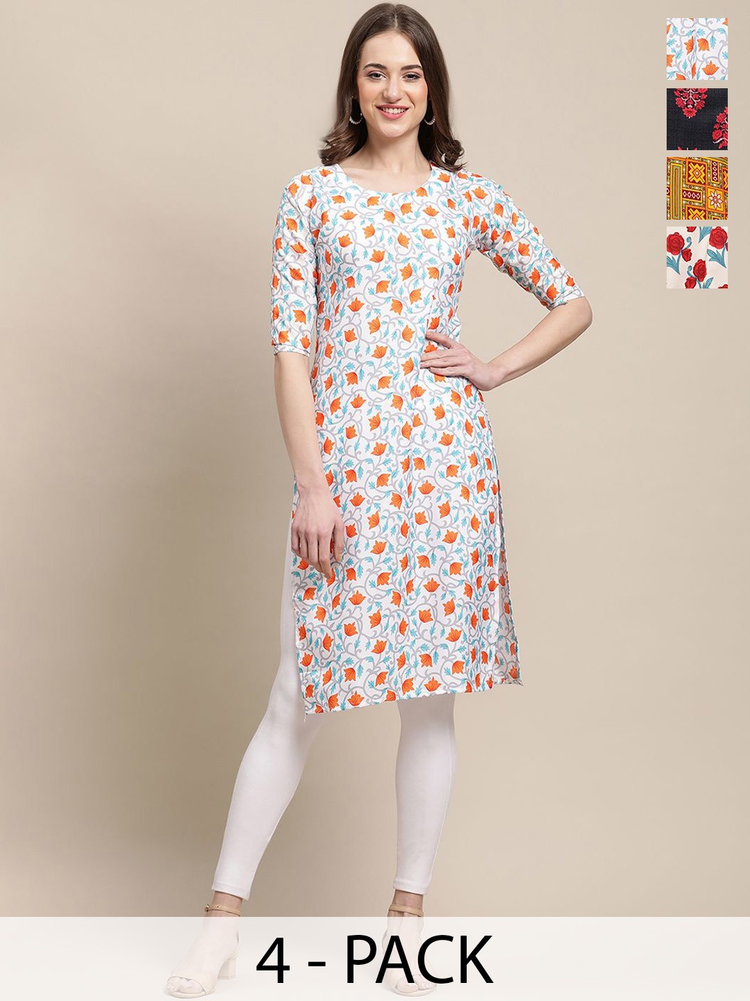 

7Threads Pack Of 4 Ethnic Motifs Printed Round Neck Straight Crepe Kurta, Blue