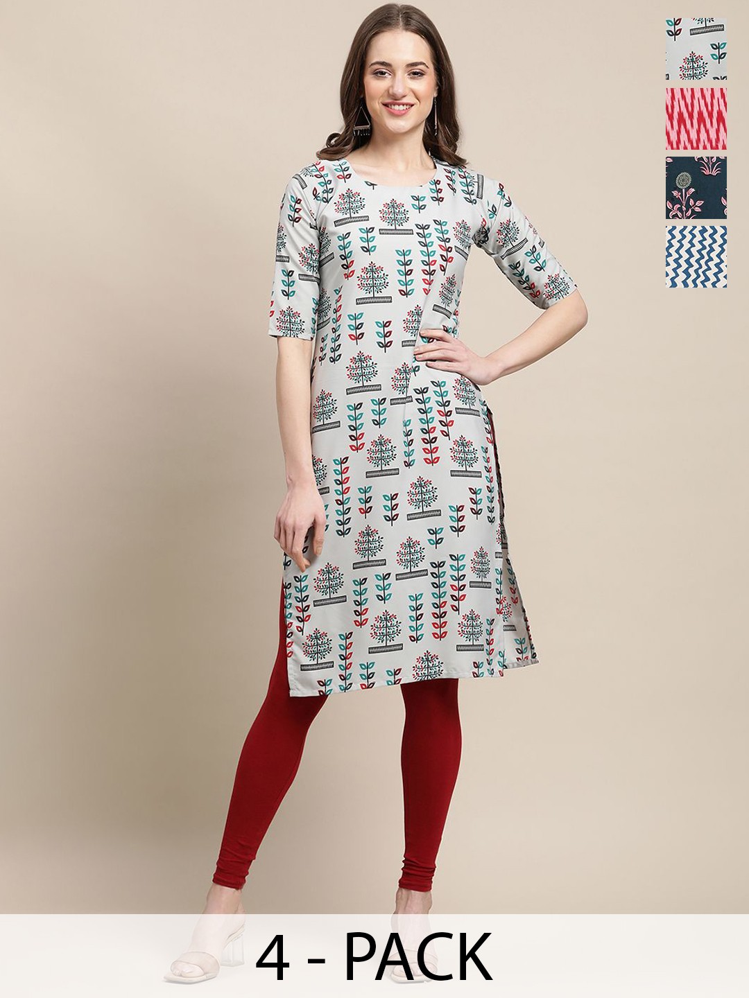 

7Threads Selection of 4 Floral Printed Round Neck Kurtas, Off white