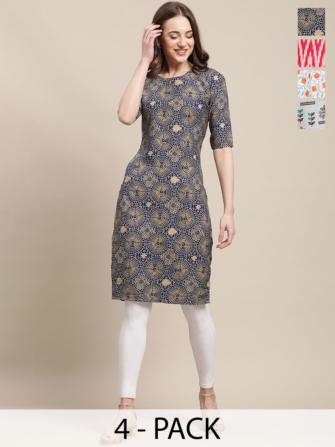 

7Threads Selection Of 3 Floral Printed Round Neck Kurtas, Blue