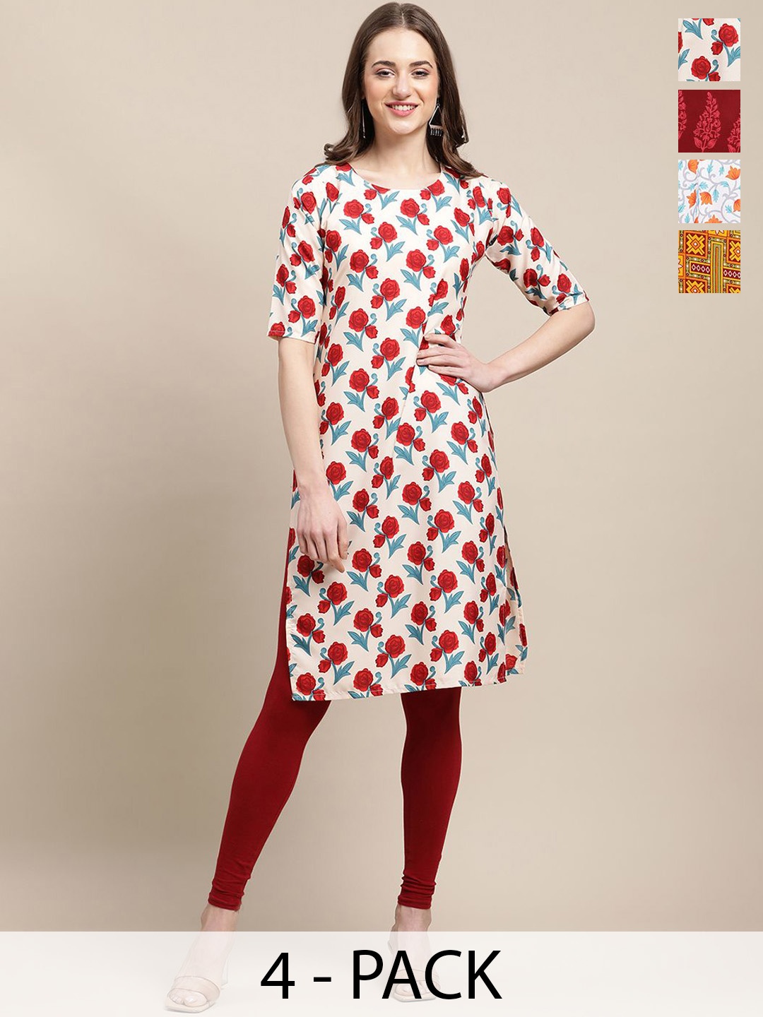 

7Threads Selections Of 4 Ethnic Motifs Printed Straight Kurtas, White