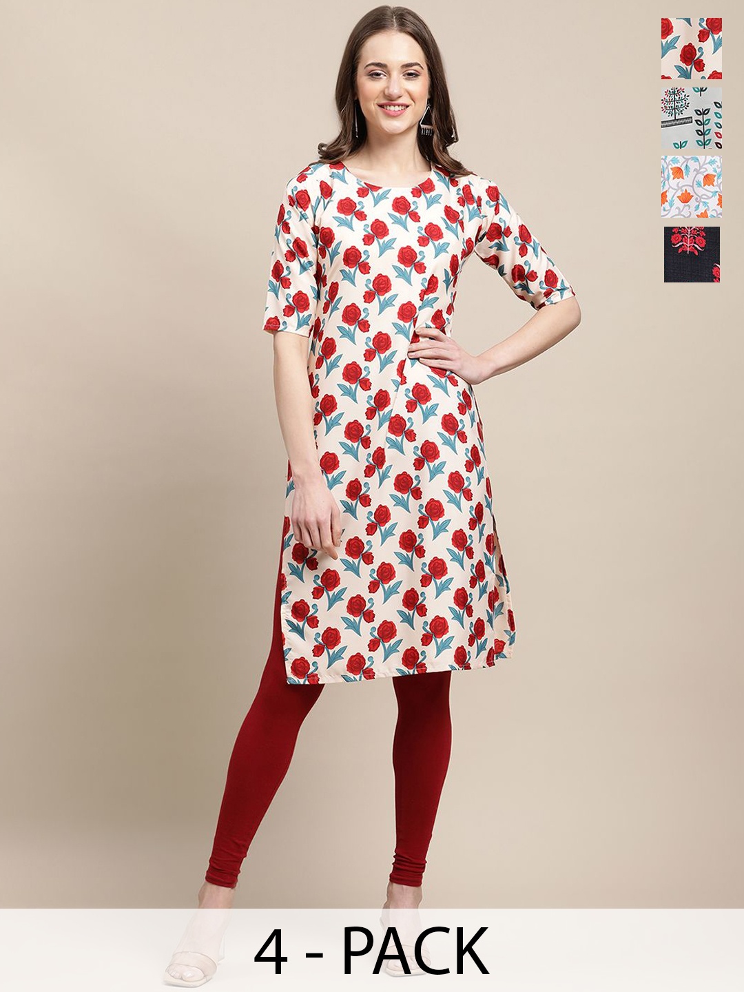 

7Threads Selection of 4 Floral Printed Straight Kurtas, Cream