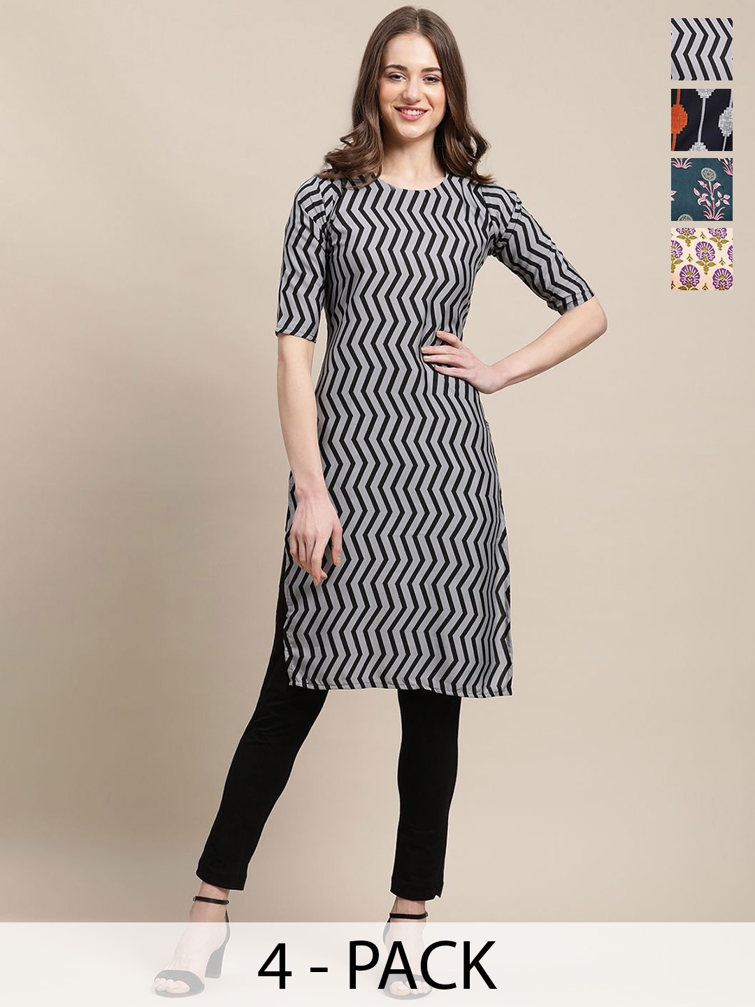 

7Threads Selections Of 4 Motifs Printed Straight Kurtas, Grey