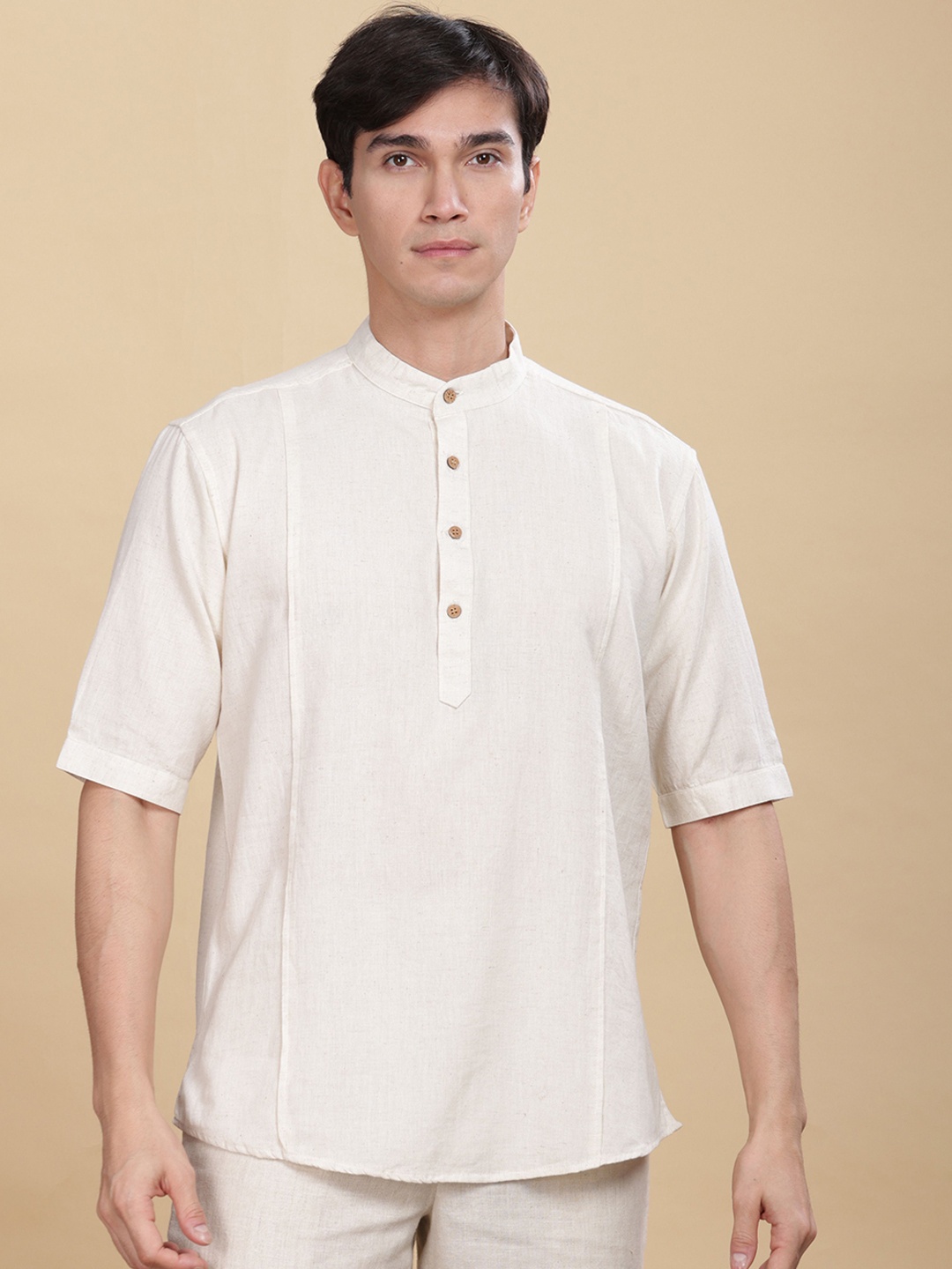 

Anouk Mandarin Collar Short Sleeves Pure Cotton Straight Short Kurta, Cream