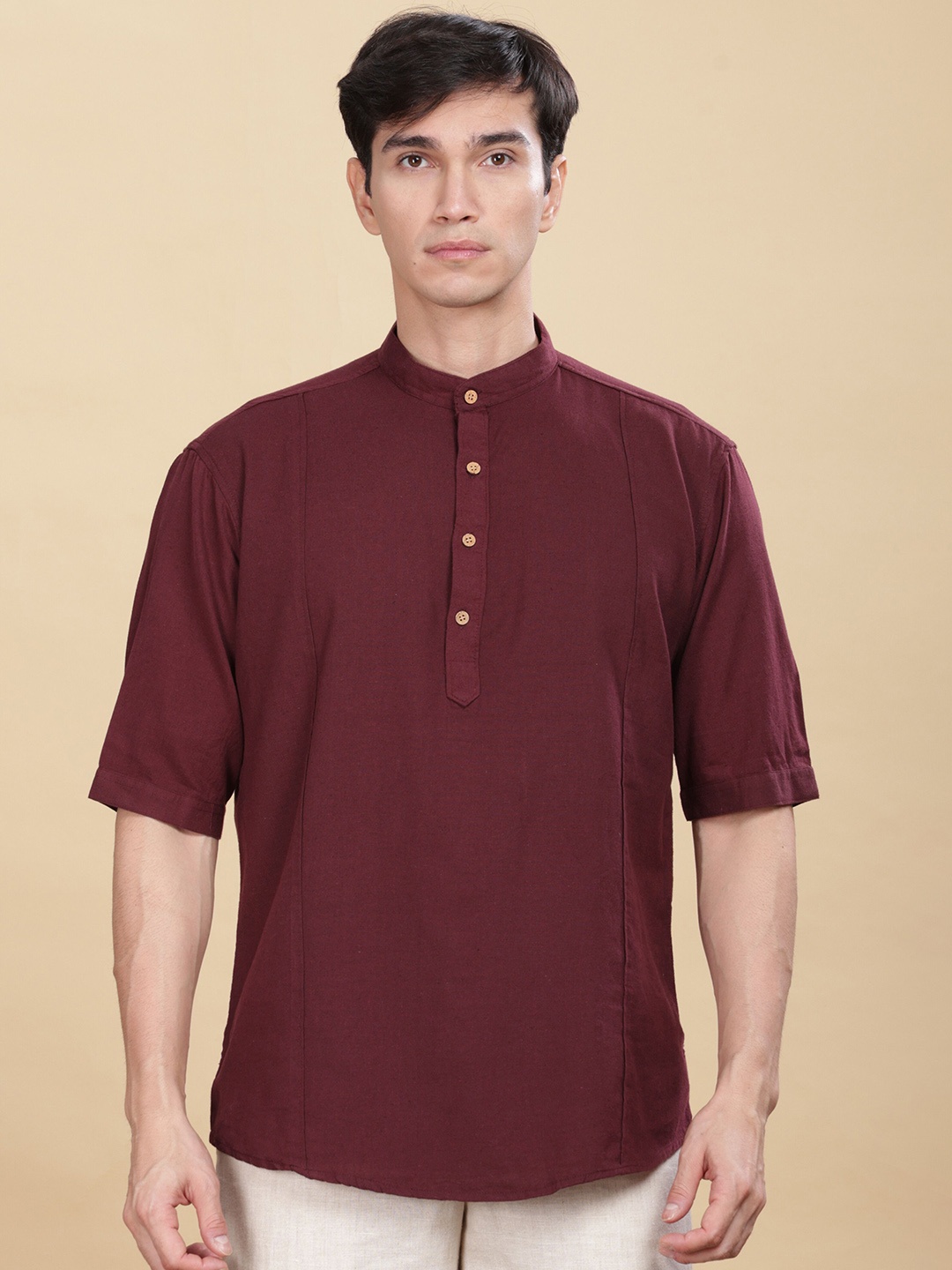 

Anouk Solid Band Collar Roll-Up Sleeves Pure Cotton Straight Kurta, Maroon