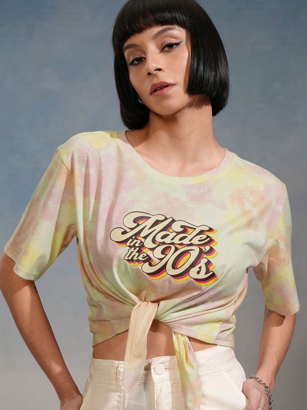 

Tokyo Talkies Women Typography Printed Crop Top, Yellow