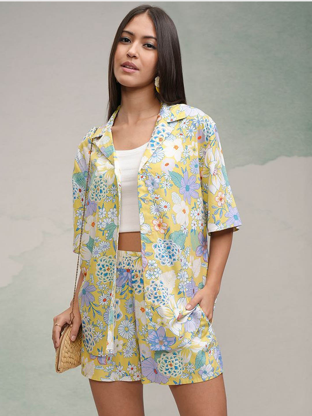 

Tokyo Talkies Floral Printed Shirt Collar Neck Shirt With Shorts, Lime green