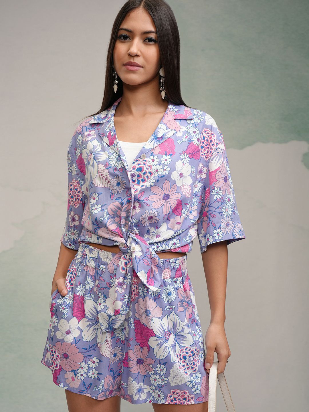 

Tokyo Talkies Women Printed Shirt With Short Co-Ords, Purple