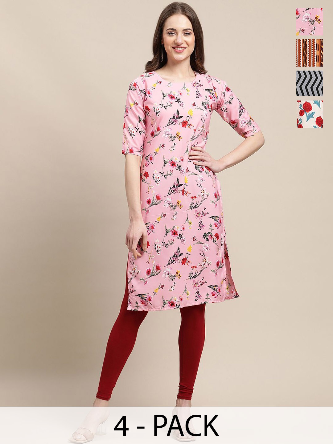 

7Threads Selection Of 4 Floral Printed Round Neck Crepe Straight Kurta, Pink