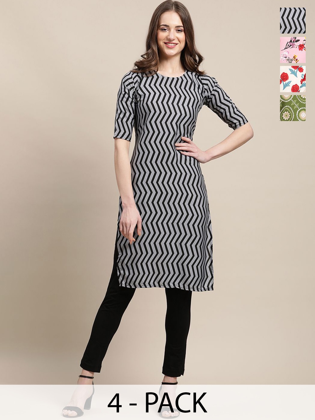 

7Threads Selection Of 4 Chevron Printed Round Neck Crepe Straight Kurta, Grey
