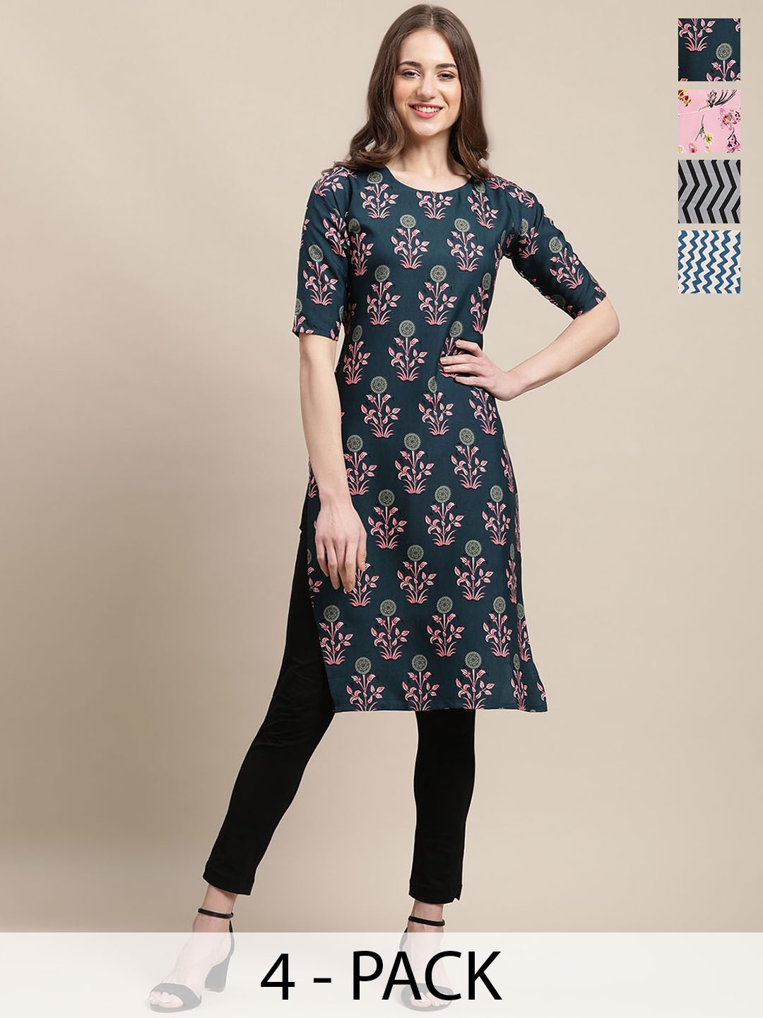 

7Threads Selection Of 4 Ethnic Printed Round Neck Kurtas, Red