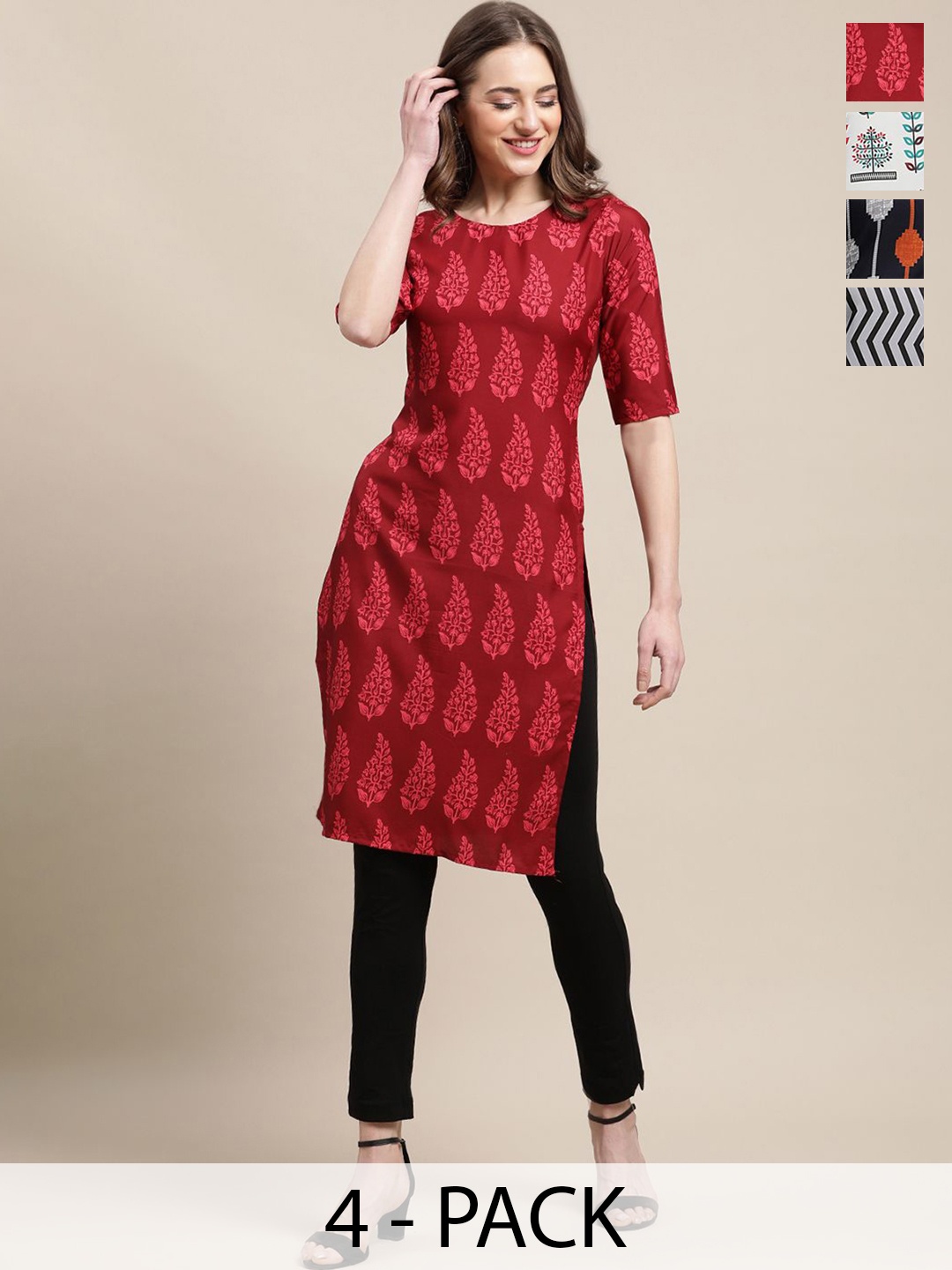 

7Threads Selection Of 4 Ethnic Motifs Printed Straight Kurtas, Red