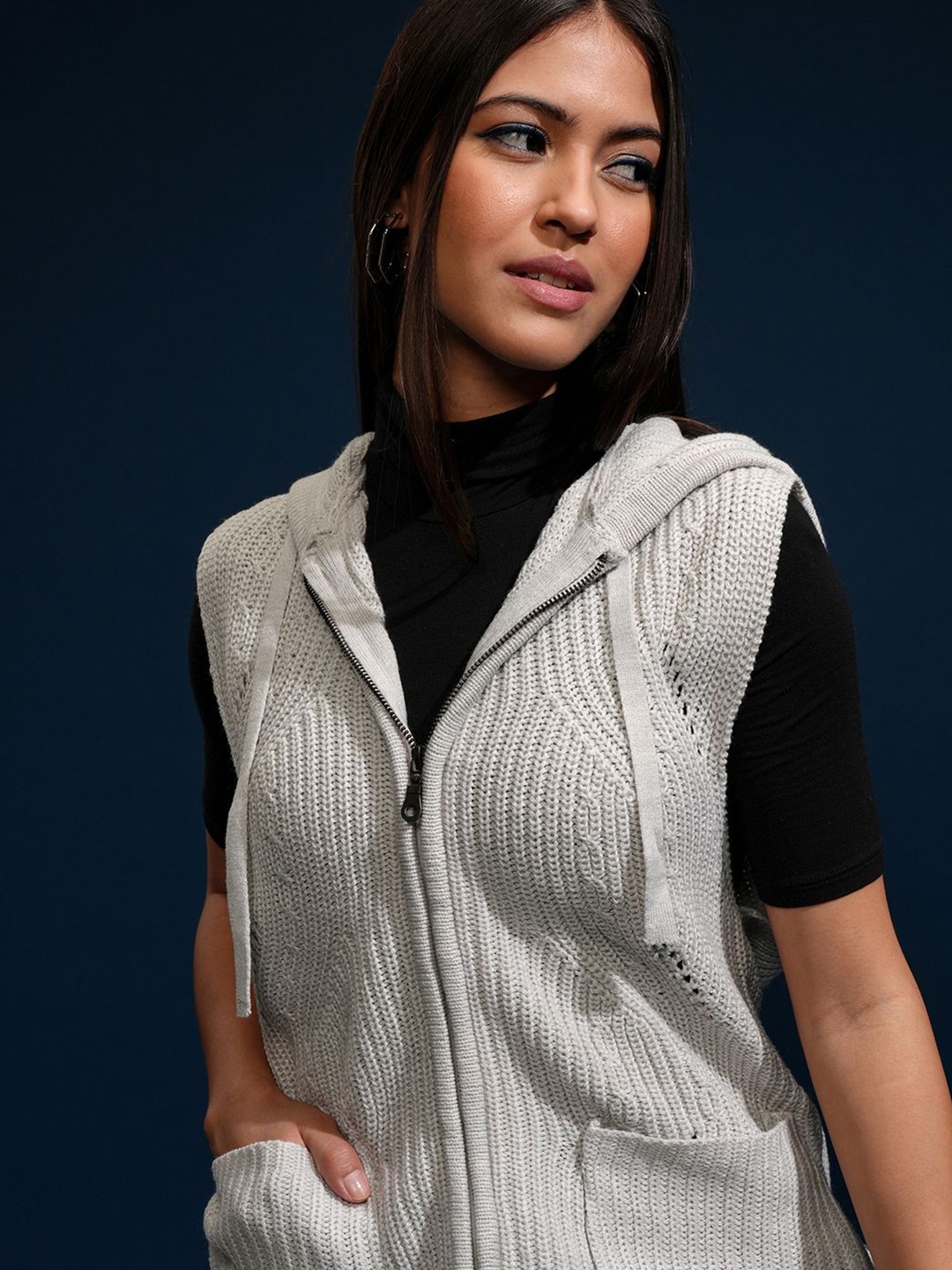 

Tokyo Talkies Women Front Open Hooded Sweater, Grey