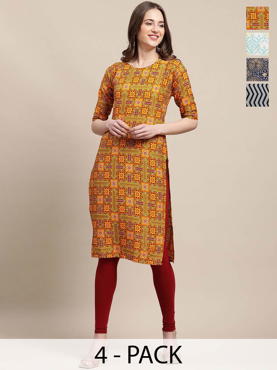 

7Threads Selection Of 4 Ethnic Motifs & Geometric Printed Crepe Straight Kurtas, Mustard