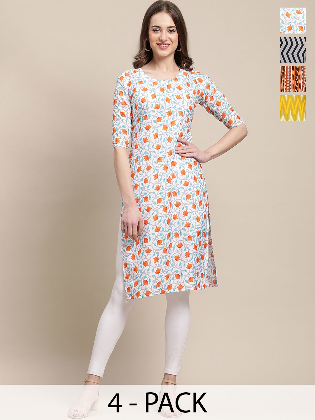 

7Threads Selection Of 4 Floral Printed Round Neck Straight Kurta, White