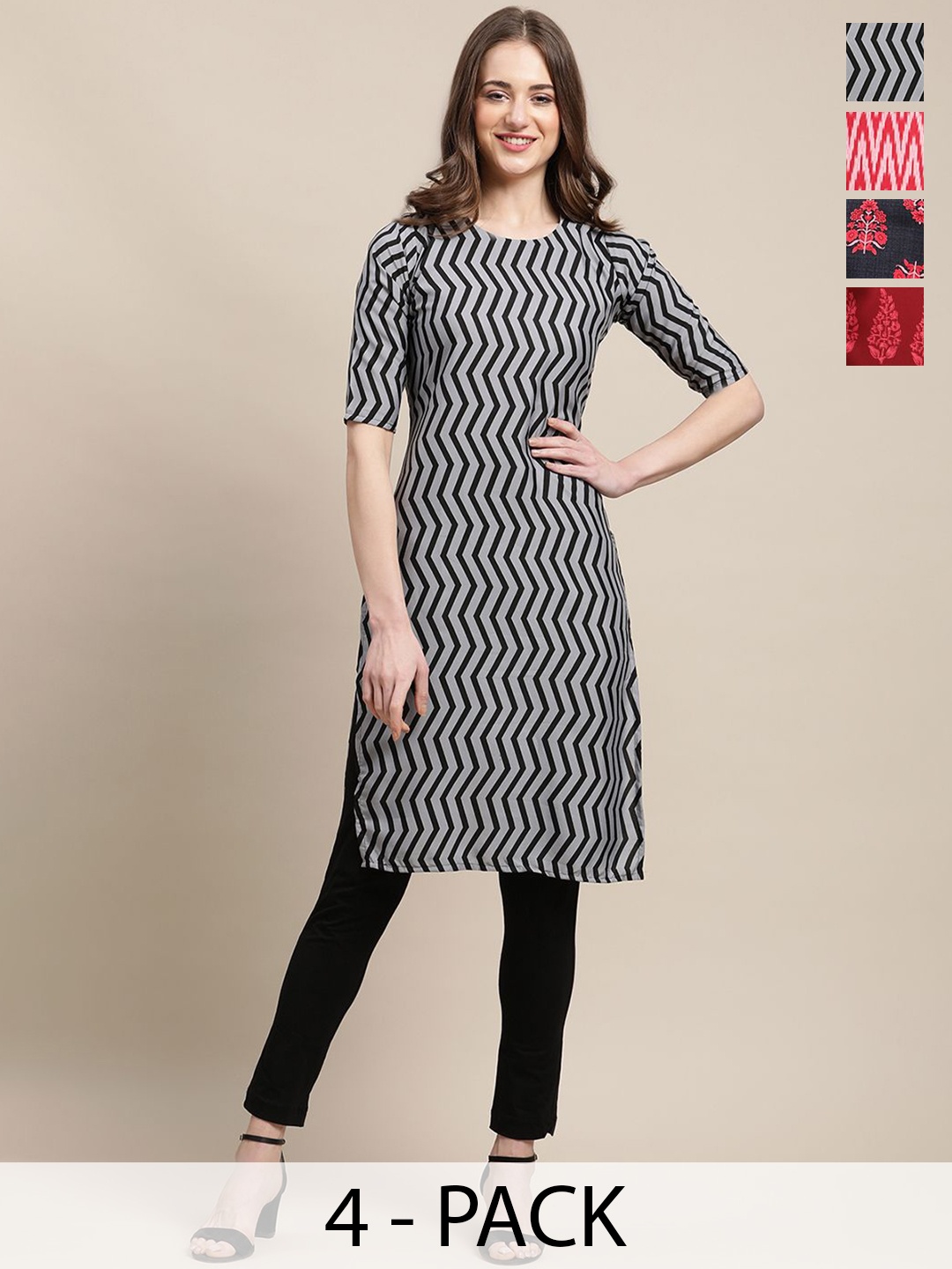 

7Threads Selection of 4 Chevron Printed Round Neck Straight Kurtas, Black