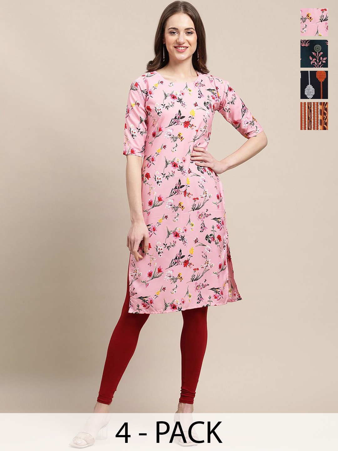

7Threads Selection of 4 Geometric & Floral Printed Straight Kurtas, Pink