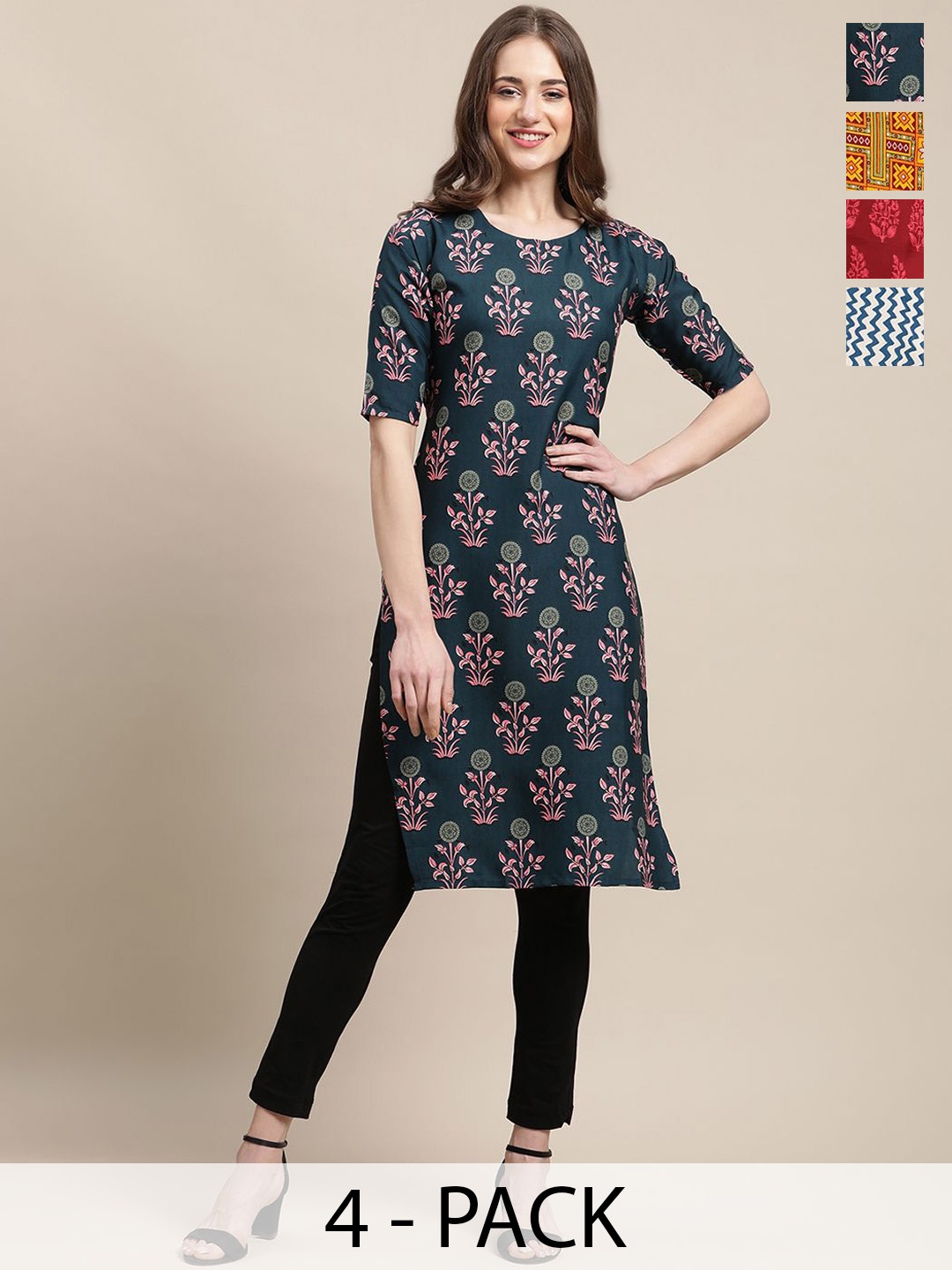 

7Threads Selections Of 4 Ethnic Motifs Printed Straight Kurtas, Green
