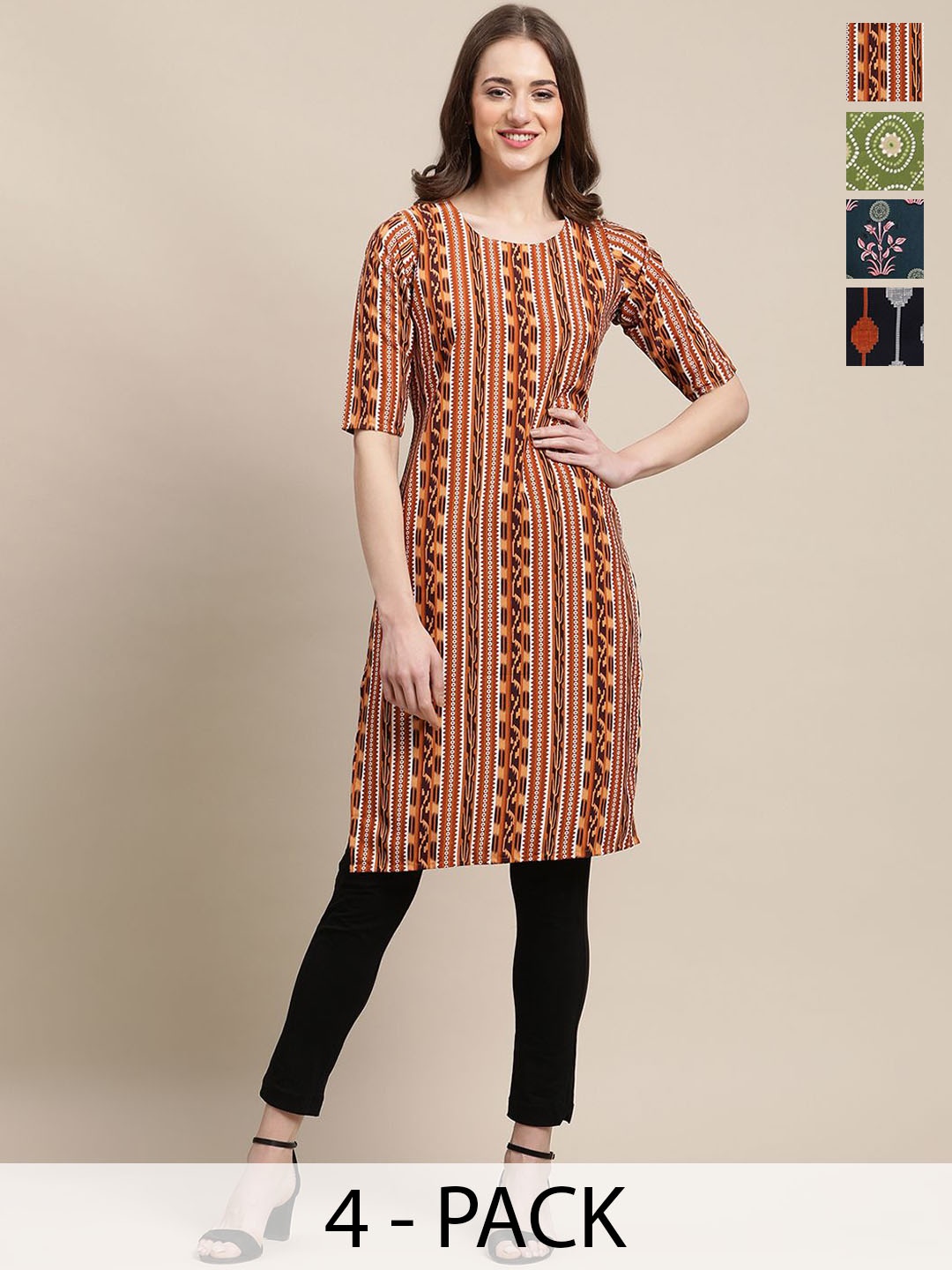 

7Threads Selection Of 4 Geometric Printed Round Neck Straight Kurtas, Brown
