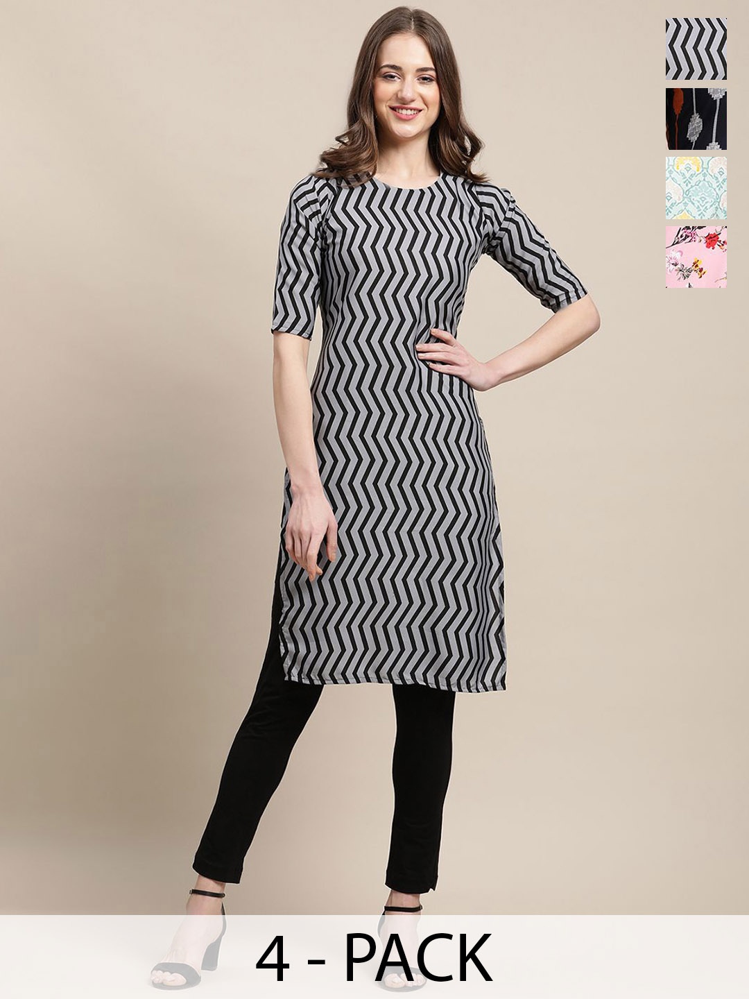 

7Threads Selection Of 4 Ethnic Motifs Printed Straight Kurtas, Grey