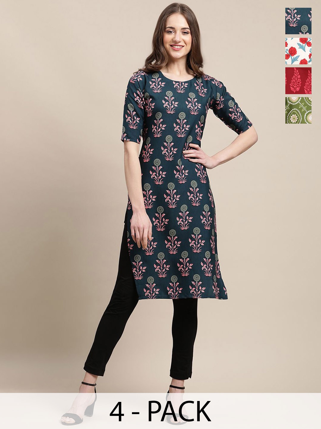 

7Threads Selection Of 4 Floral Printed Straight Kurta, Blue