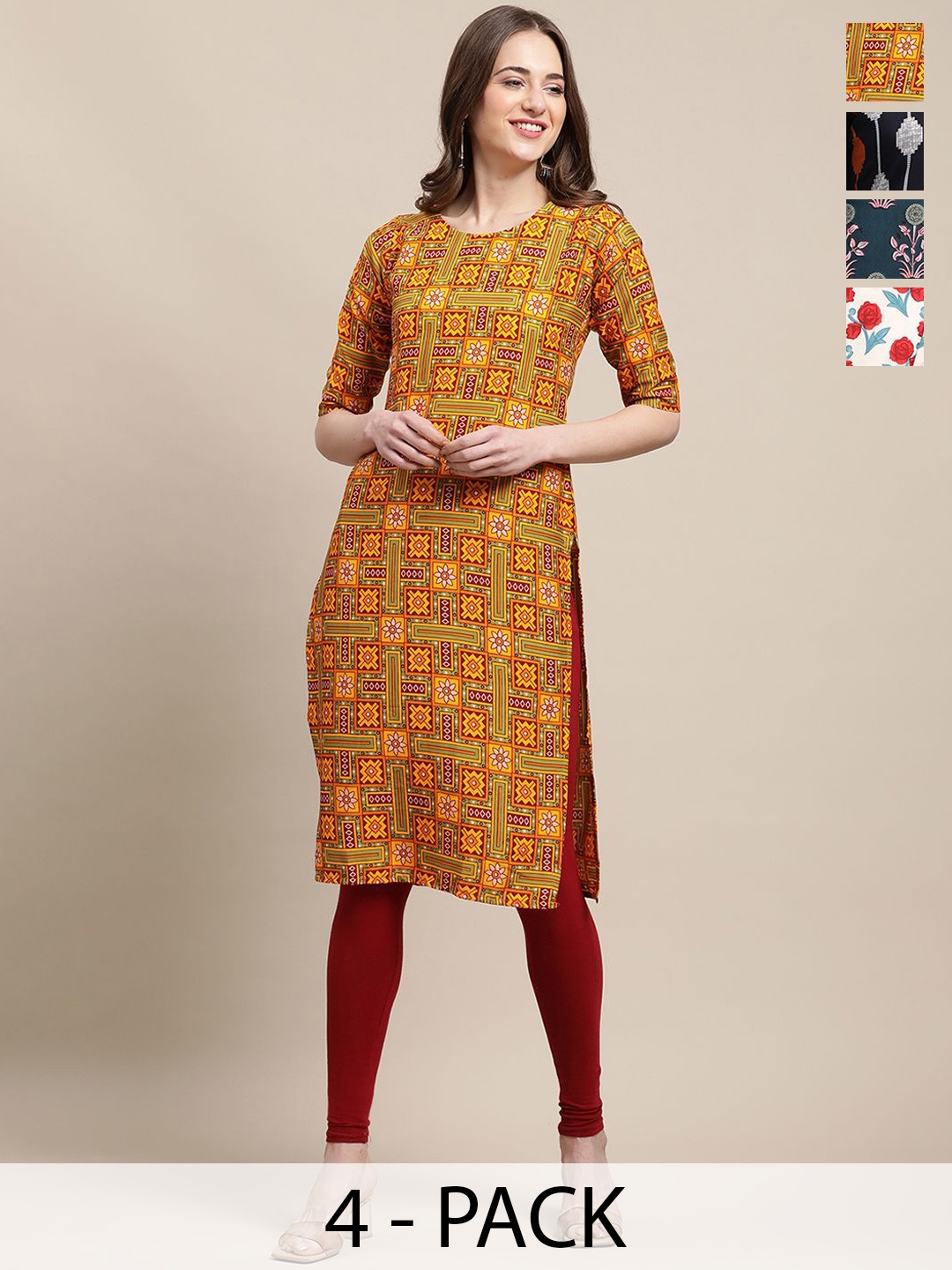 

7Threads Selection Of 4 Geometric Printed Round Neck Straight Kurtas, Yellow