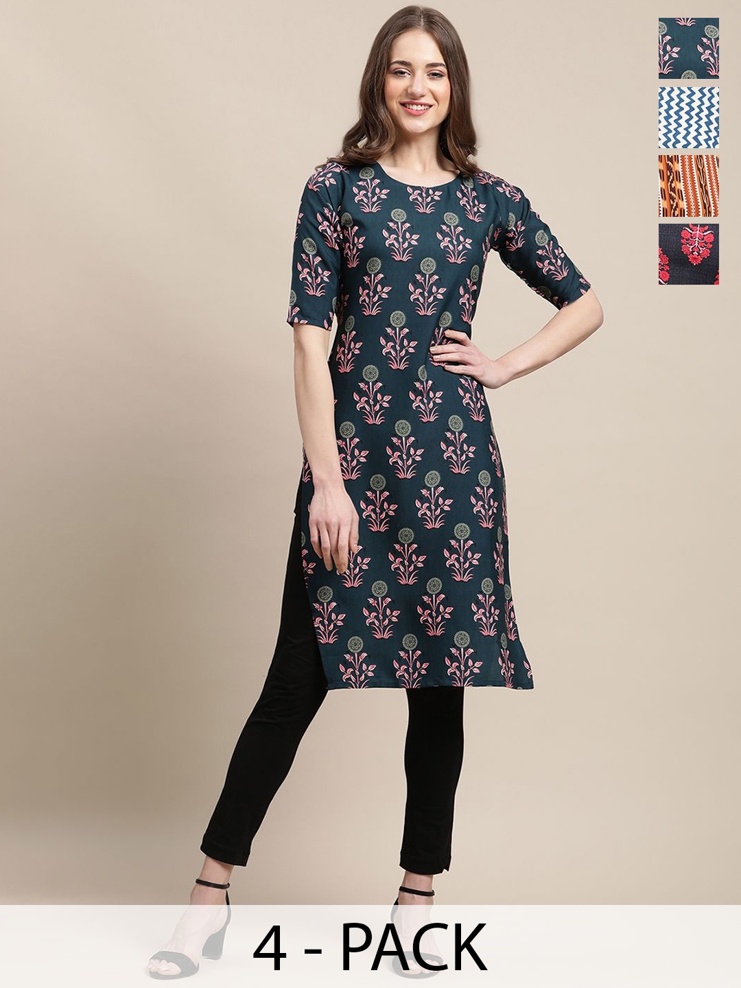 

7Threads Pack of 4 Ethnic Motifs Printed Round Neck Indie Prints Kurtas, Navy blue