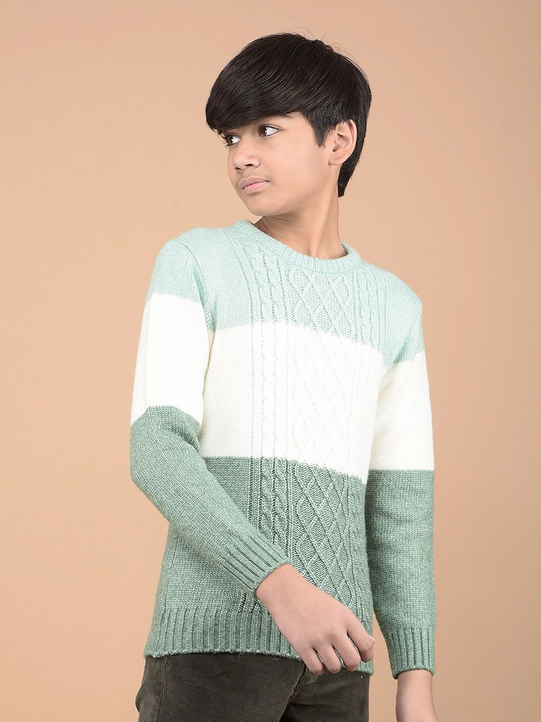 

Crimsoune Club Boys Colourblocked Cable Knit Pullover, Green