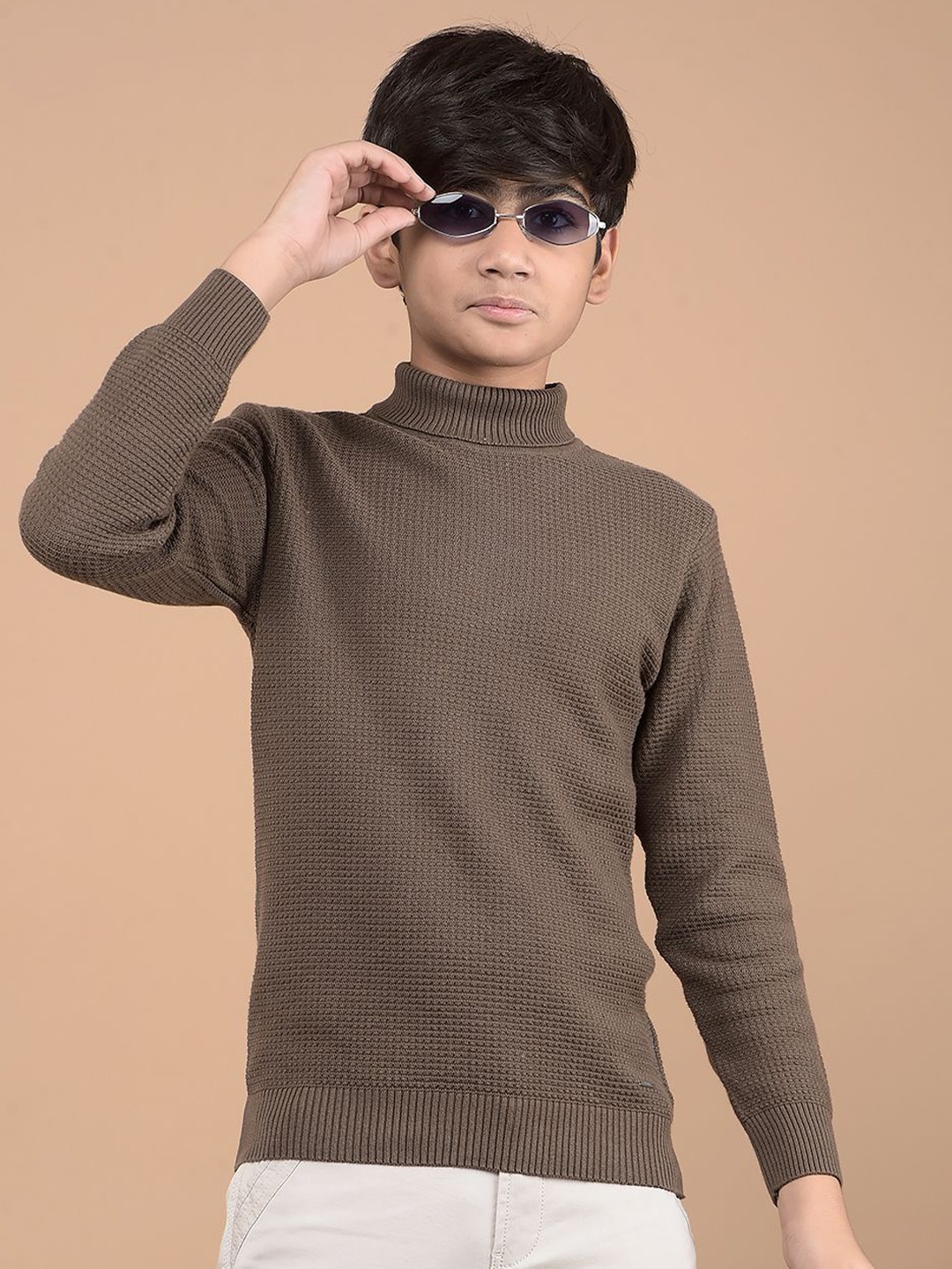 

Crimsoune Club Boys Turtle Neck Ribbed Cotton Pullover, Brown