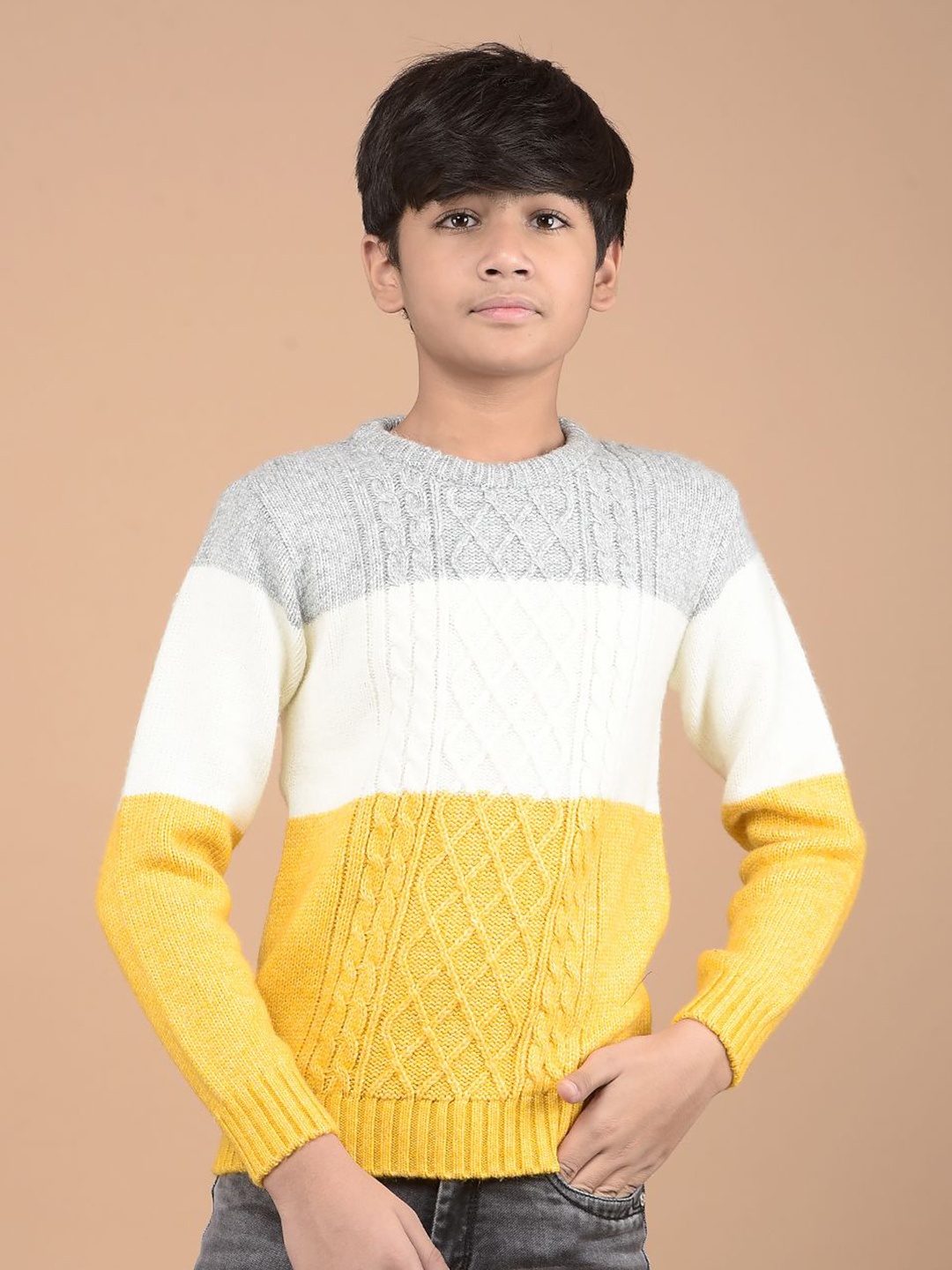 

Crimsoune Club Boys Cable Knit Colourblocked Pullover, Mustard