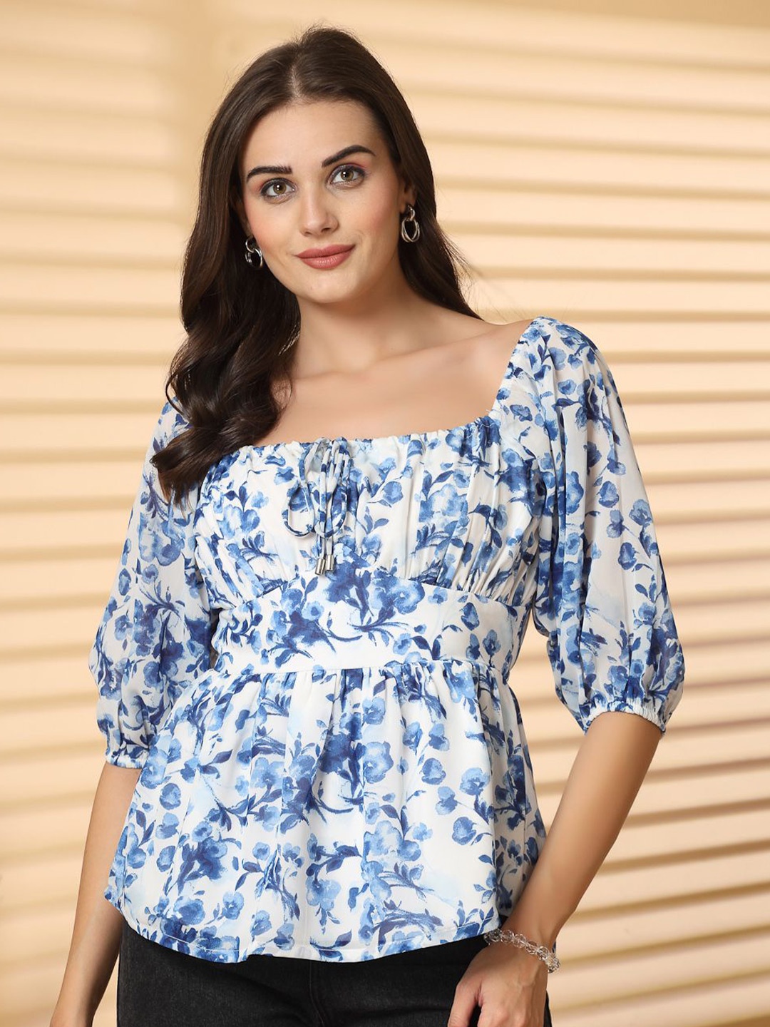 

RAASSIO Women Floral Print Puff Sleeve Cinched Waist Top, Blue